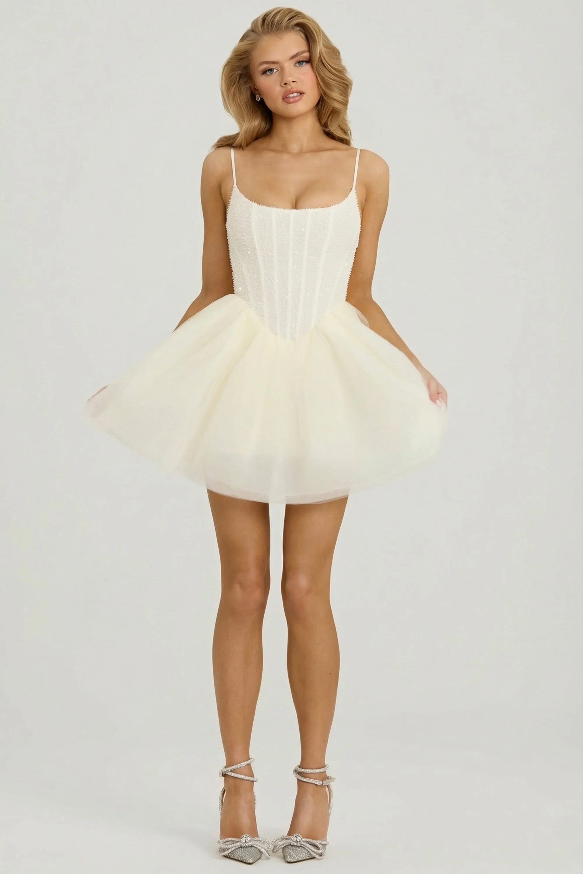 Embellished Corset Tulle Skirt Mini Dress in White