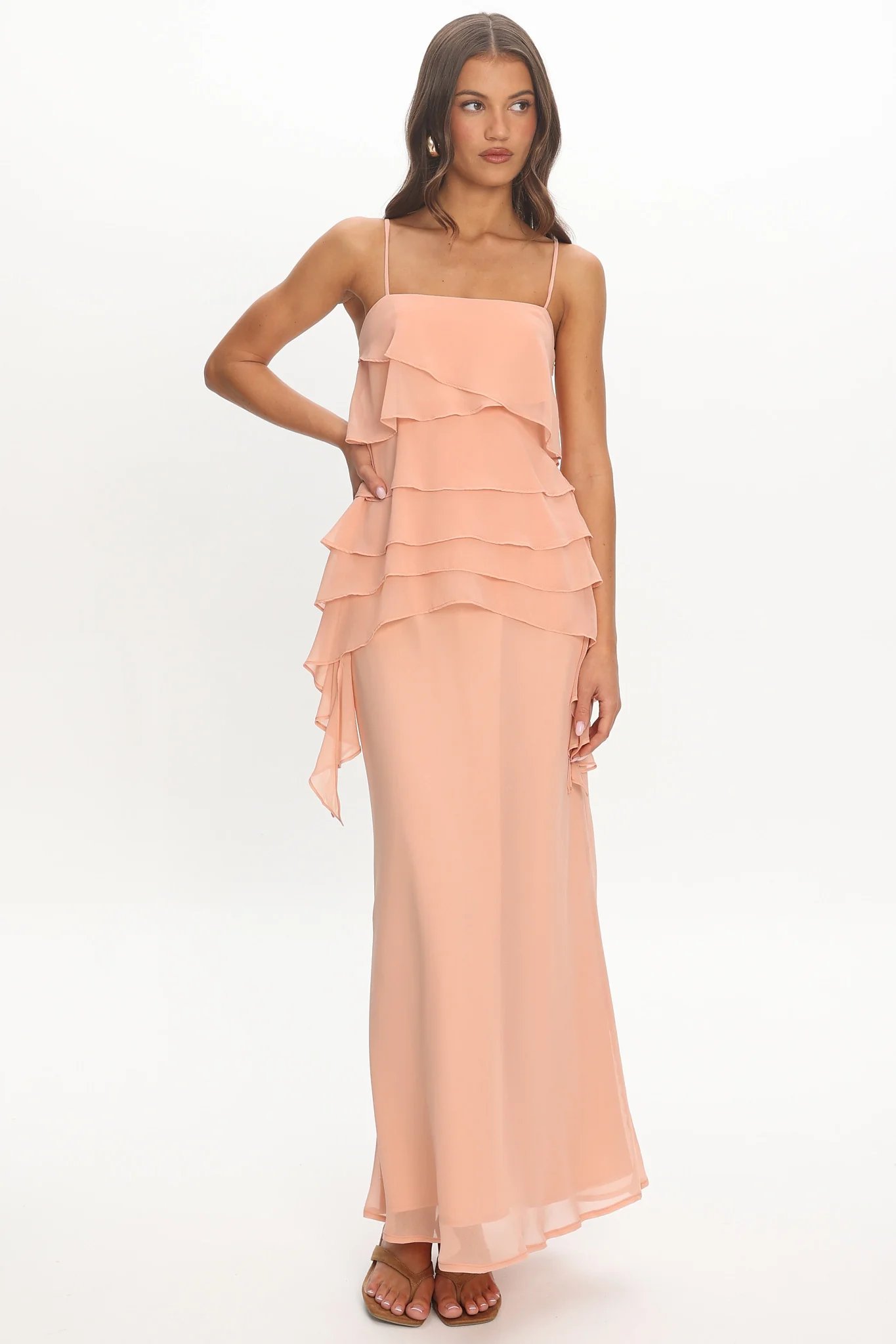 Olita Tiered Ruffle Slip Maxi Dress Apricot