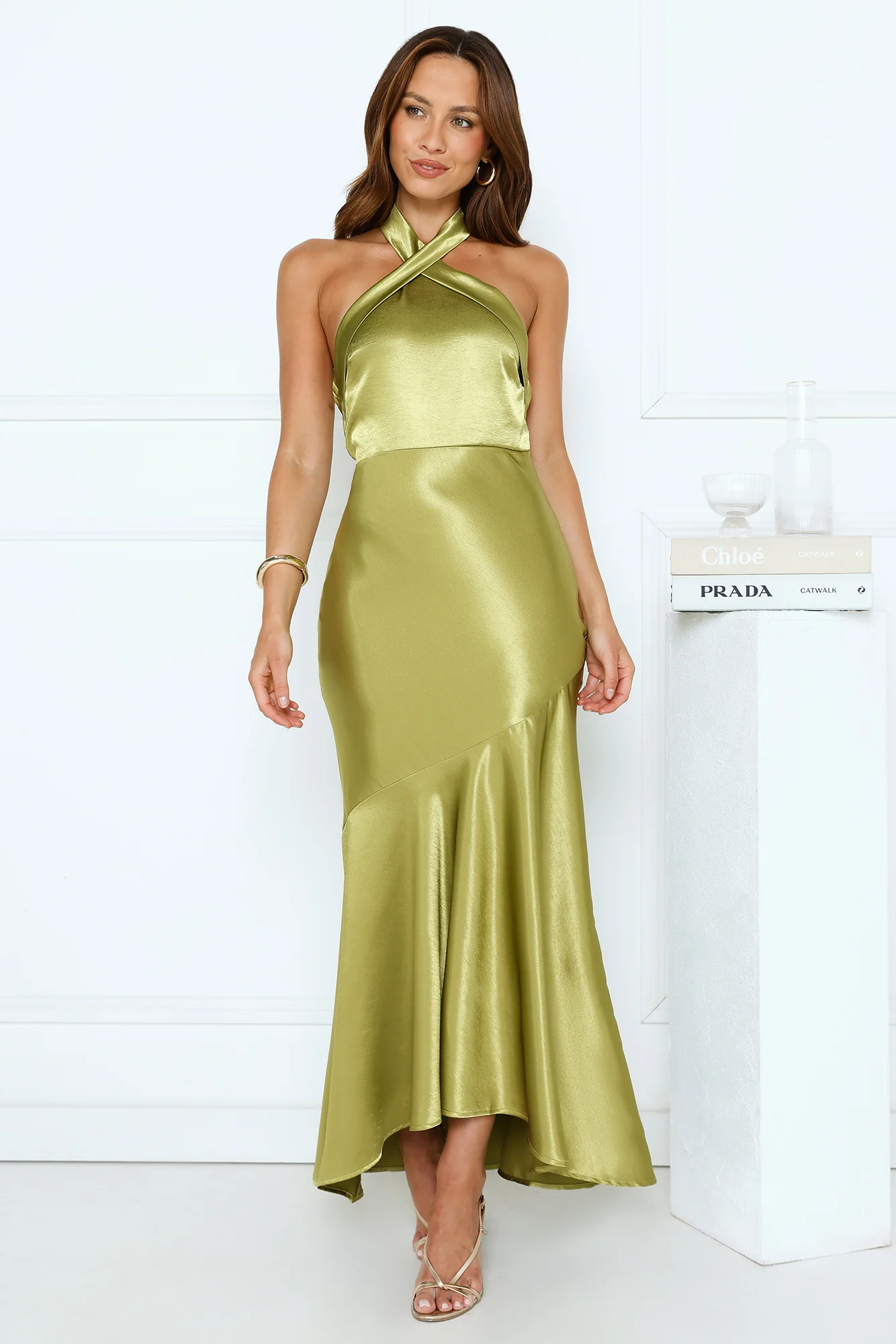 Moonlit Petal Kiss Satin Halter Maxi Dress Olive