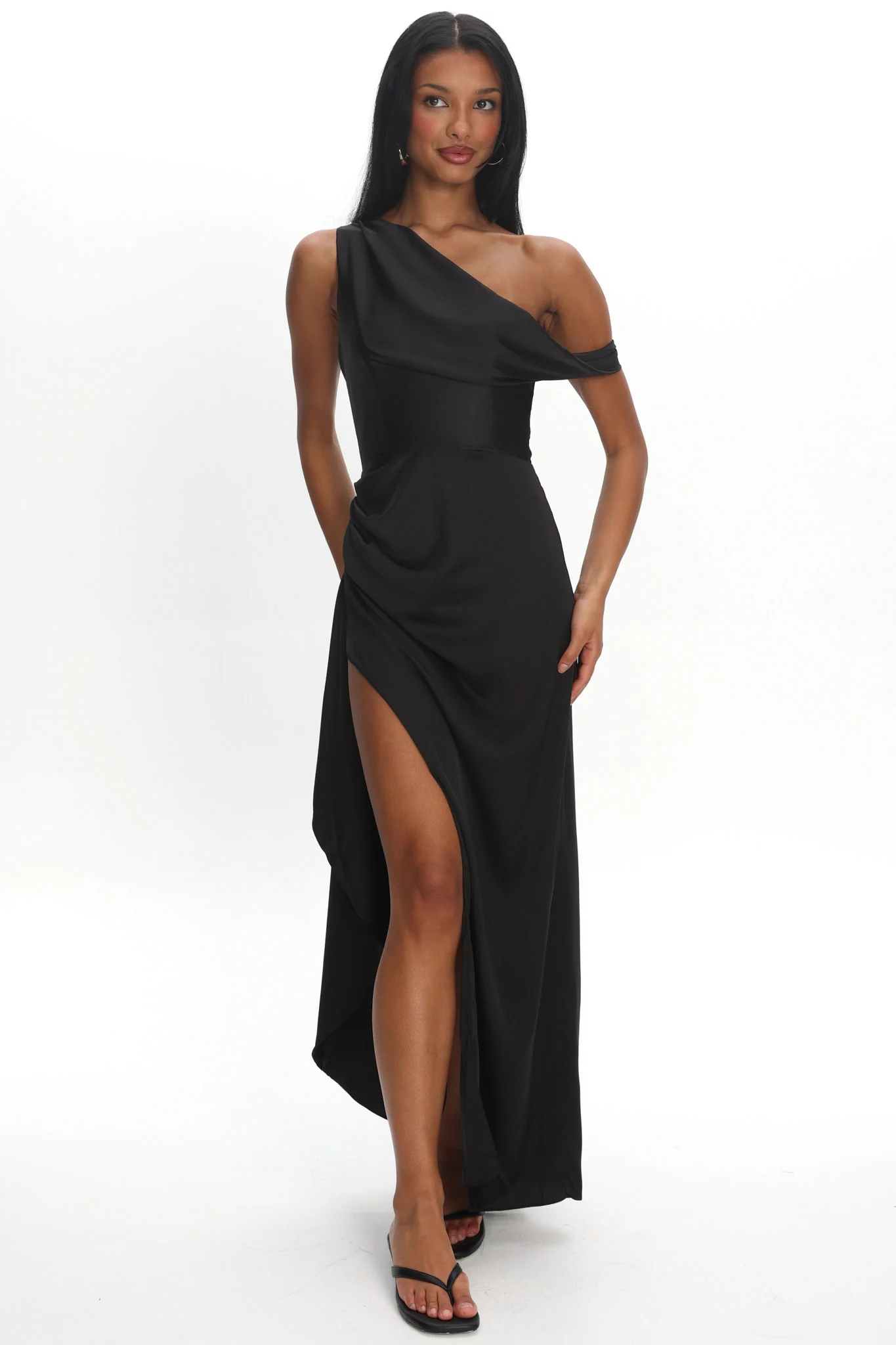 Sensations Off Shoulder Satin Maxi Dress Black