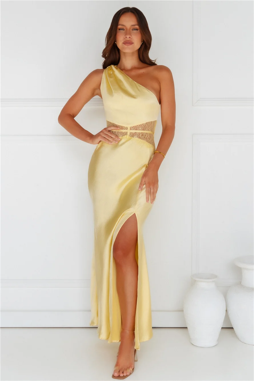 Show You Love One Shoulder Satin Maxi Dress Yellow