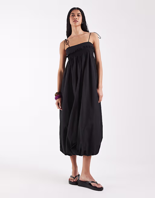 Reclaimed Vintage maxi cami smock dress with bubble hem and bows in black