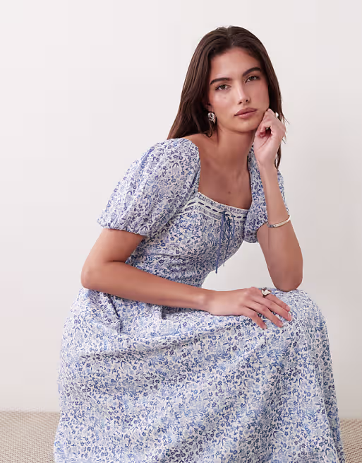 Abercrombie & Fitch milkmaid maxi dress in blue floral print