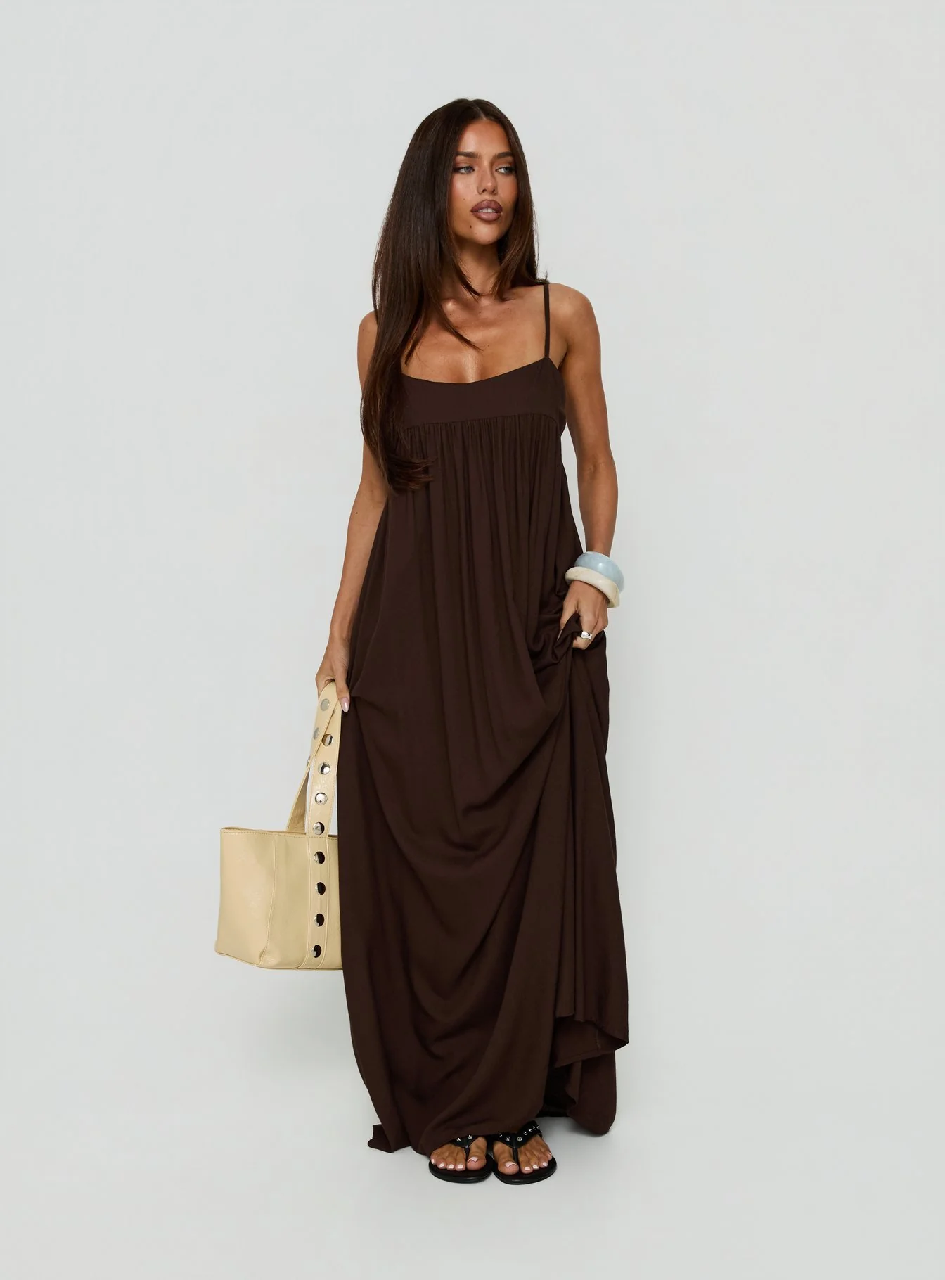 Wildah Linen Smock Maxi Dress Brown - FASHION NOB