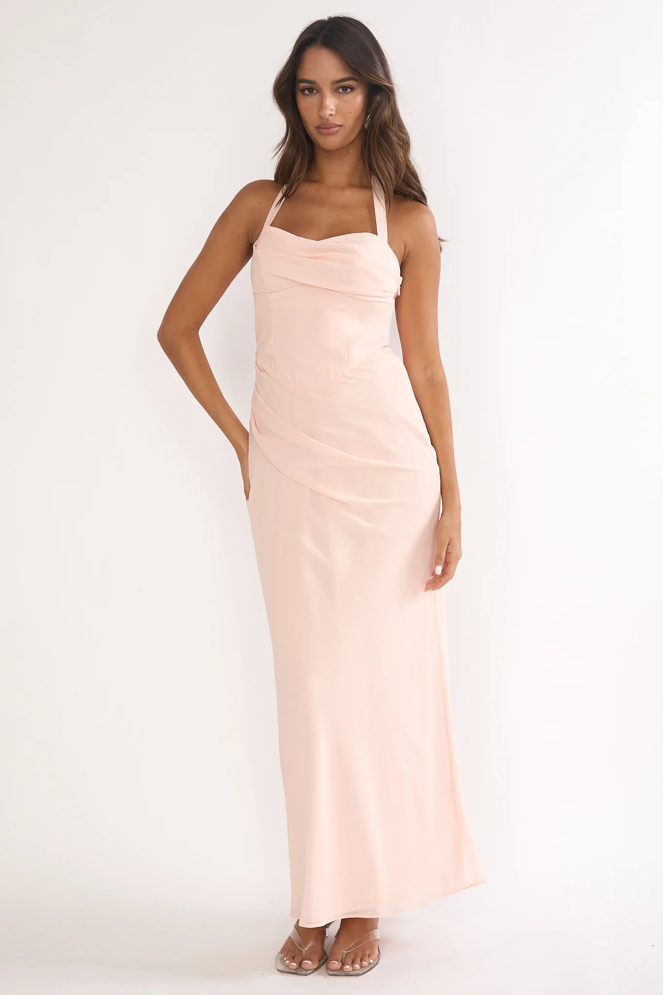 Rovelle Halterneck Pleat Waist Maxi Dress Pink