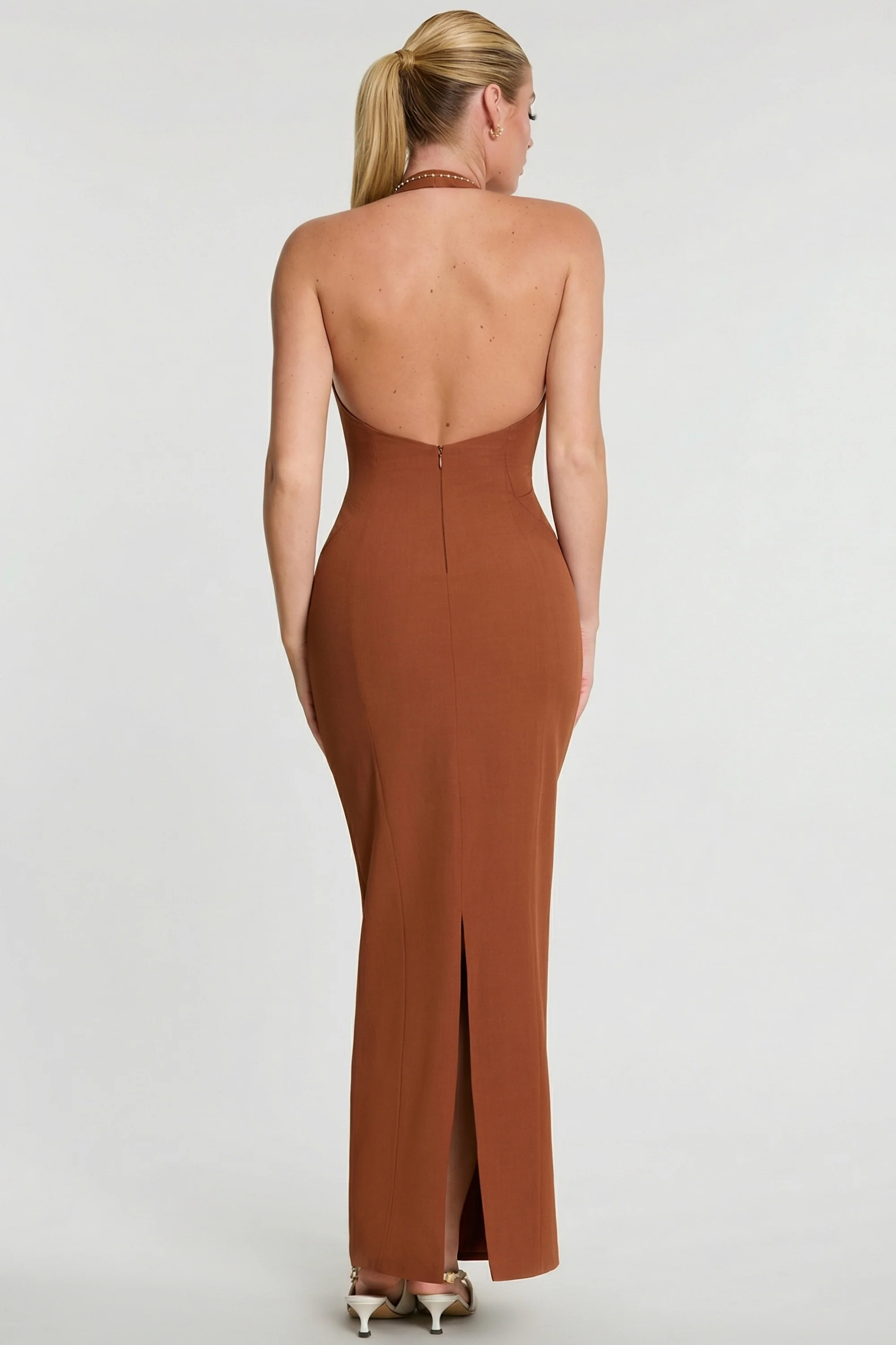 Woven Twill Halter Neck Plunge Maxi Dress in Chestnut Brown
