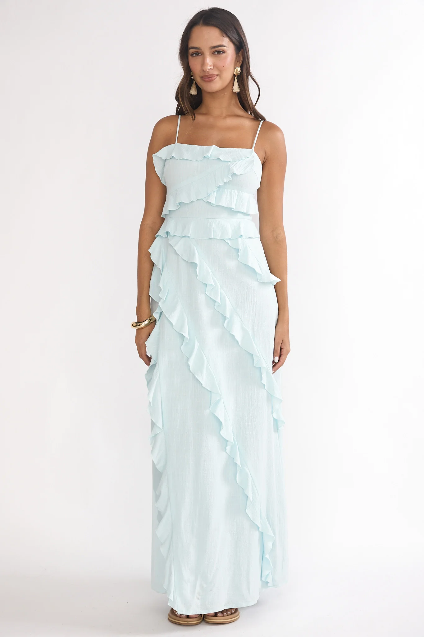 Arrabel Ruffle Split Maxi Dress Blue
