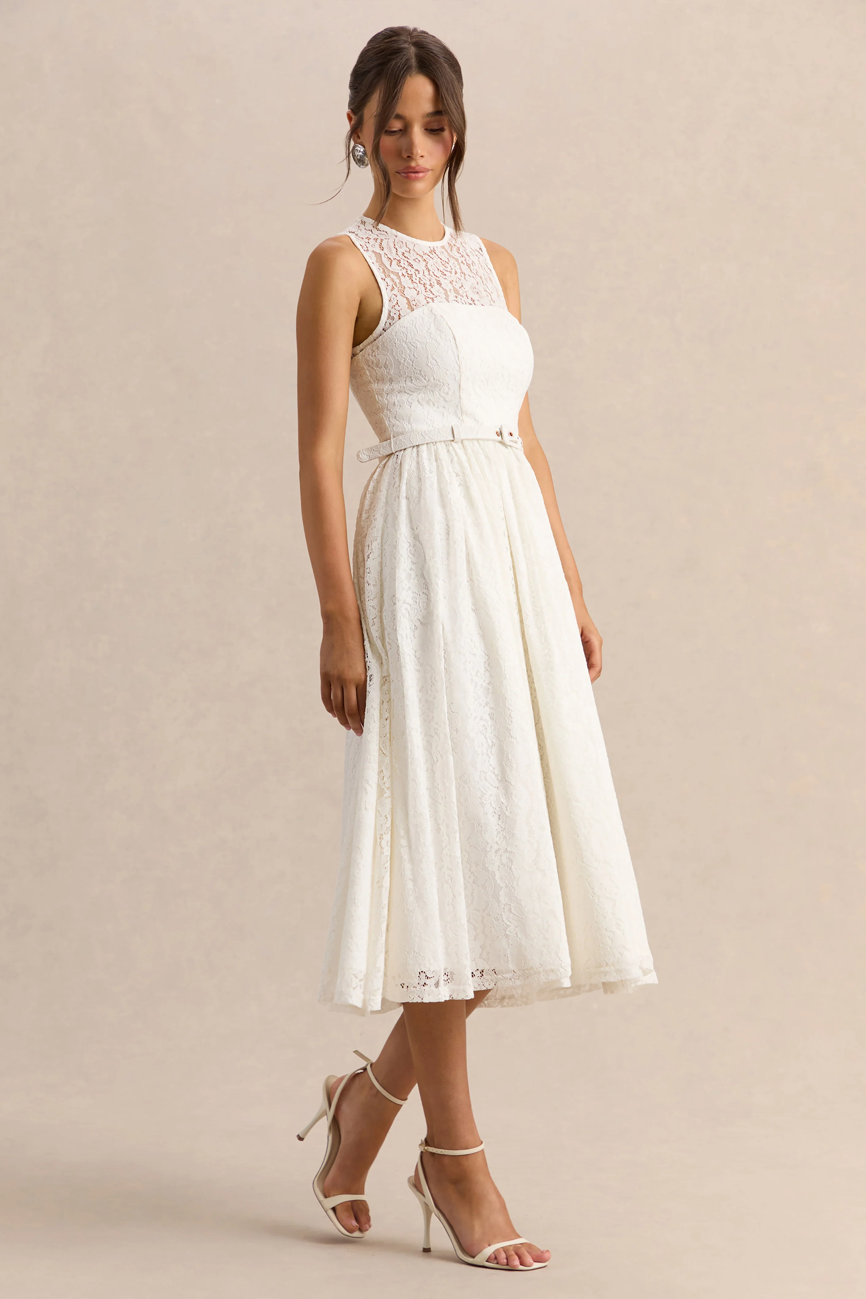 Anabella | White Lace Crew-Neck Belted Midi-Dress
