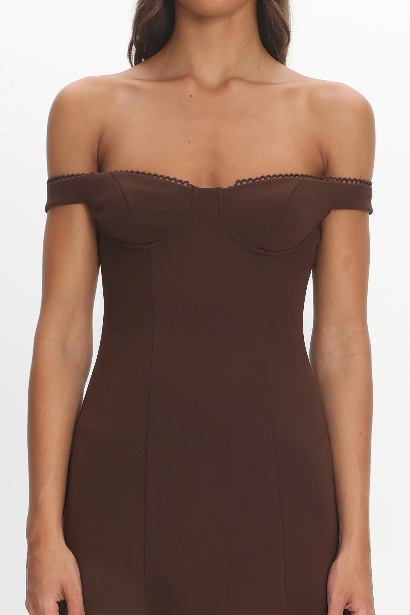 Opulent Off-Shoulder Sheer Hem Maxi Dress Chocolate