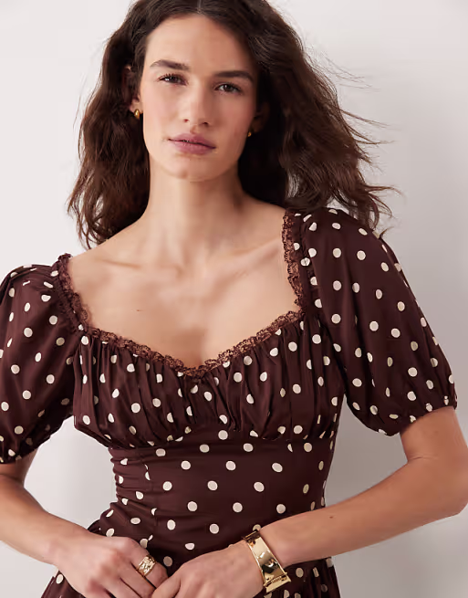 Miss Selfridge spun milkmaid mini dress in chocolate polka dots