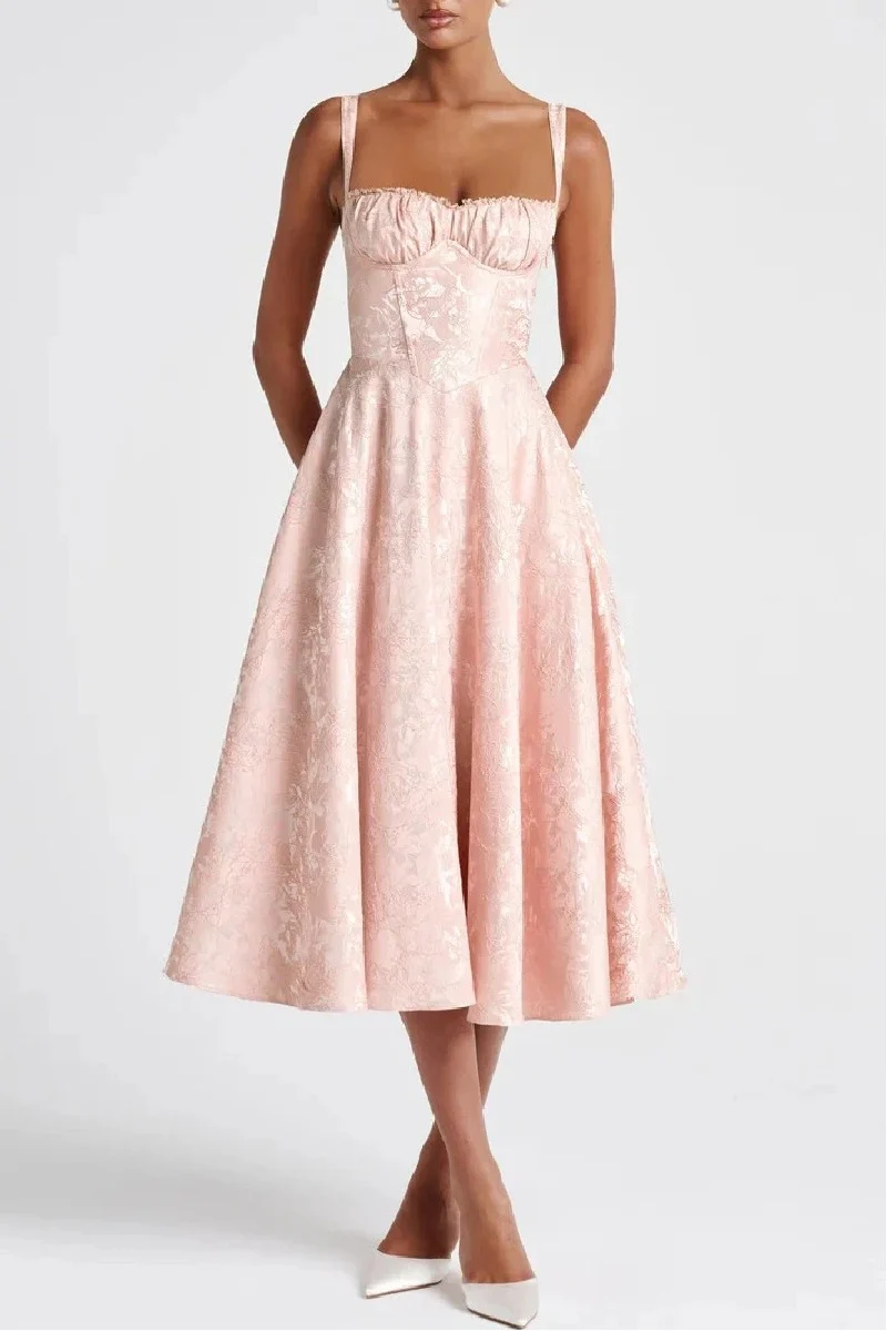 A-Line Tea Length Jacquard Satin Wedding Guest Dress 1038699395137