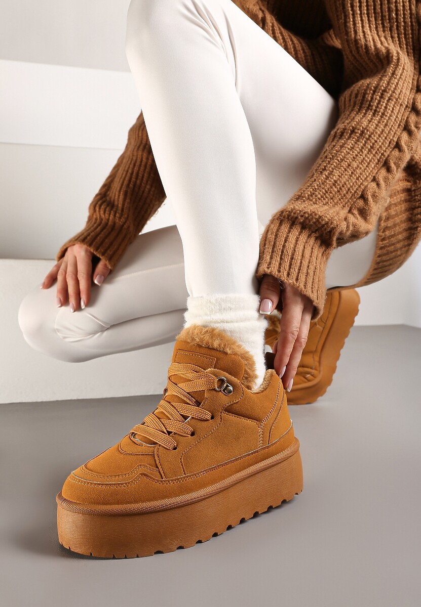 Brązowe Sneakersy Vices Stylizowane na Śniegowce na Platformie Obszyte Futerkiem Naleris