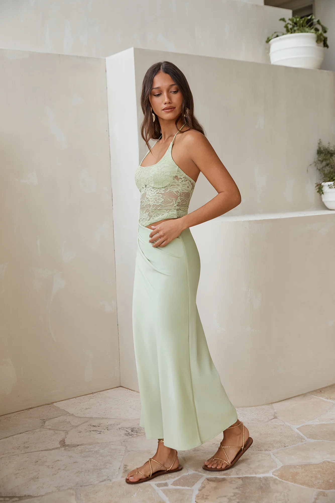 Dreamdays Halter Lace Maxi Dress Sage