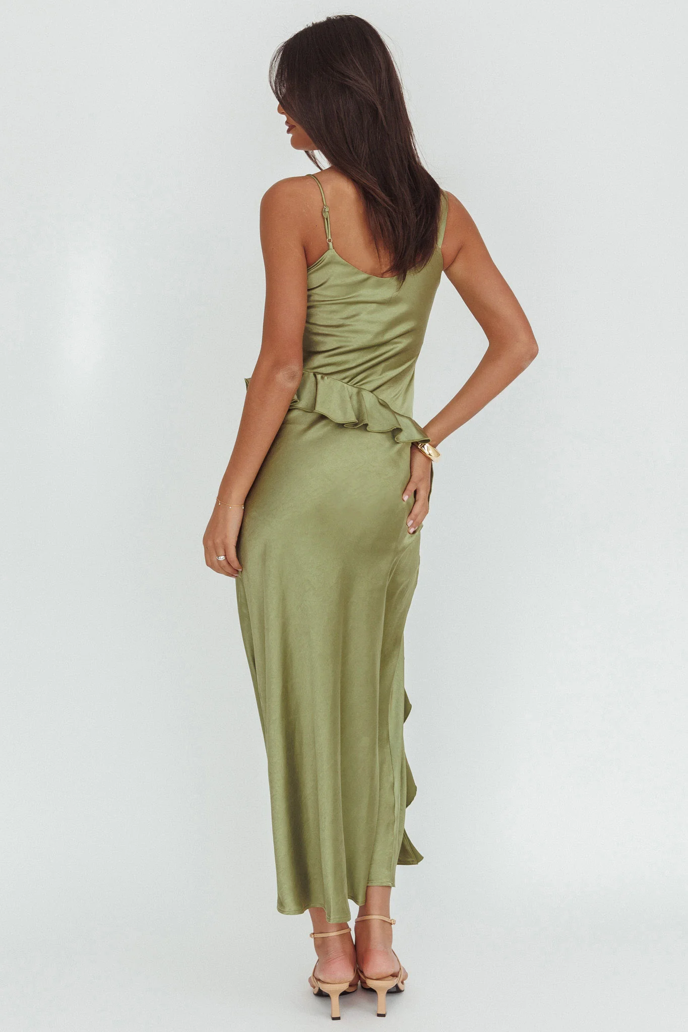 Sunshine Eternity Asymmetric Neckline Ruffle Maxi Dress Olive