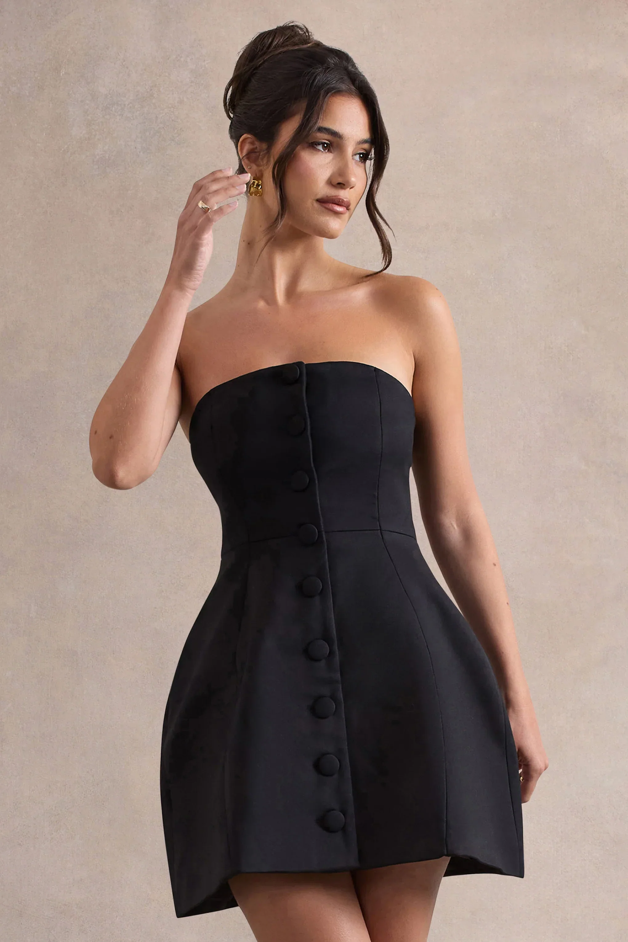 Anniston | Black Bandeau Tailored Buttoned Mini Dress