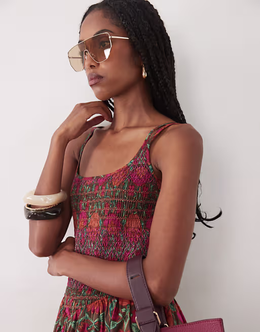 Abercrombie & Fitch scoop neck dipped waist midaxi dress with bold floral print in brown