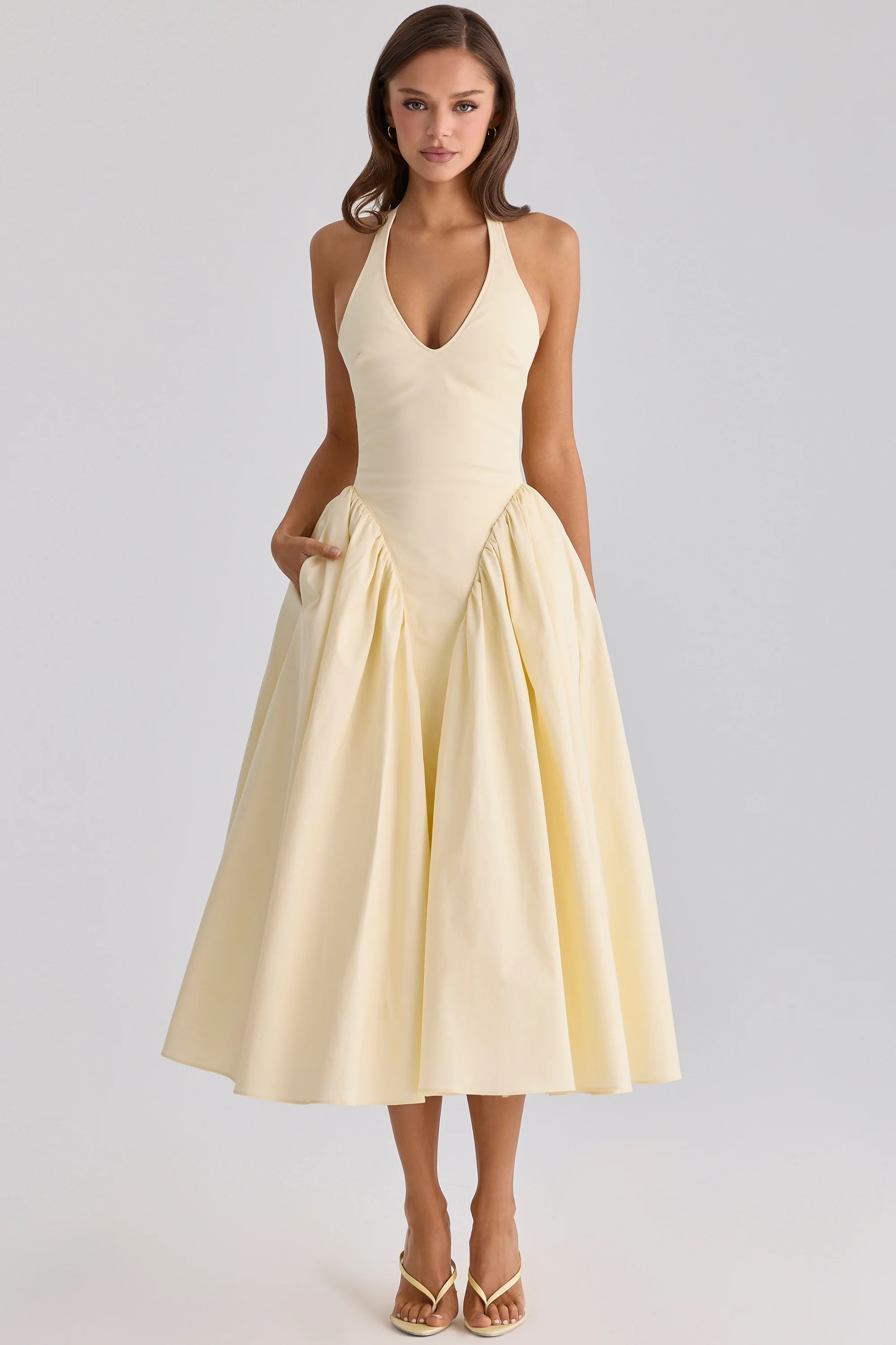 Lemon Cotton Halter Neck Midi Sundress