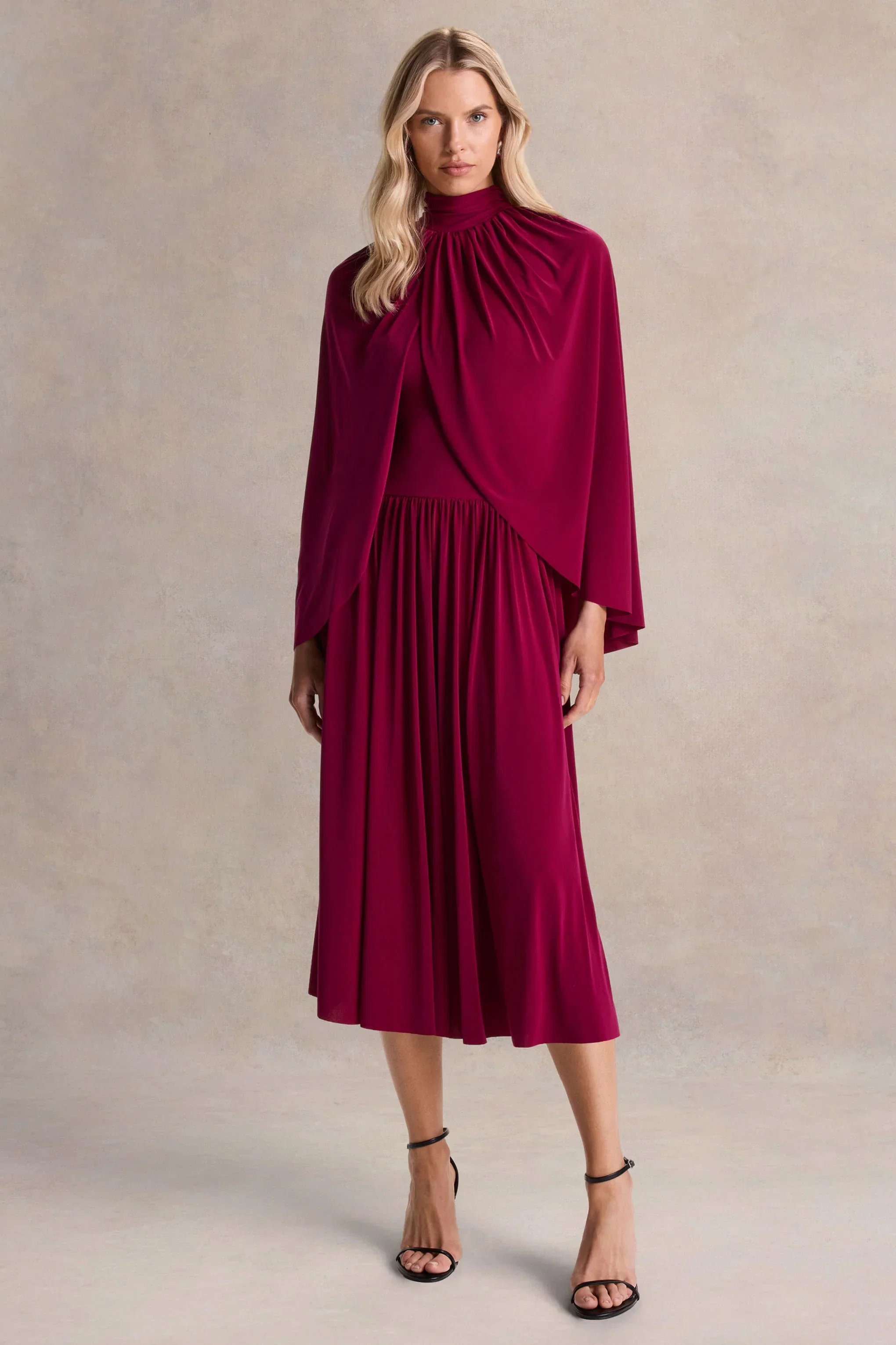 Honora | Burgundy High-Neck Midi Dress With Cape-Sleeves