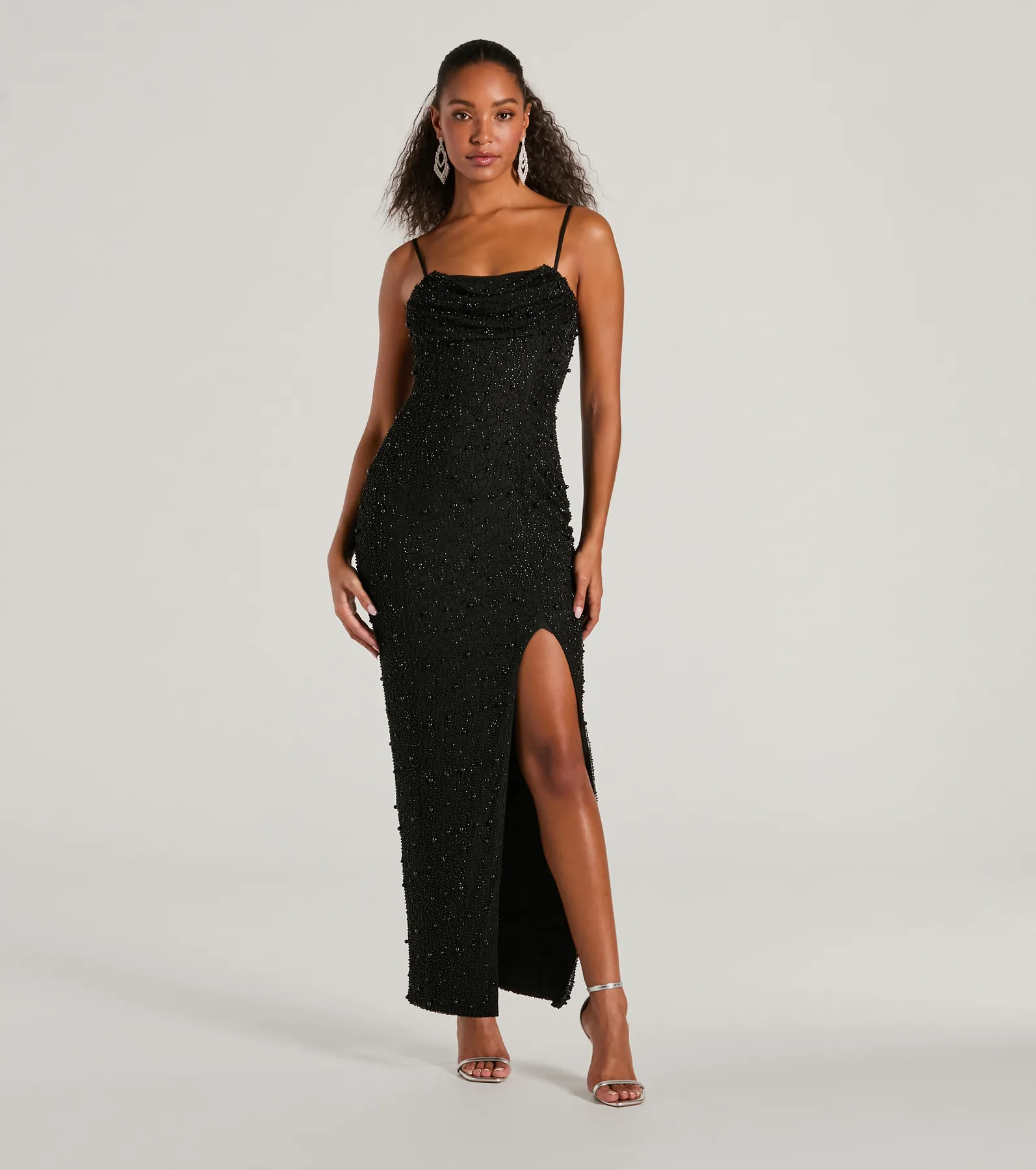 Klara Cowl Neck Faux Pearl Bead Column Dress