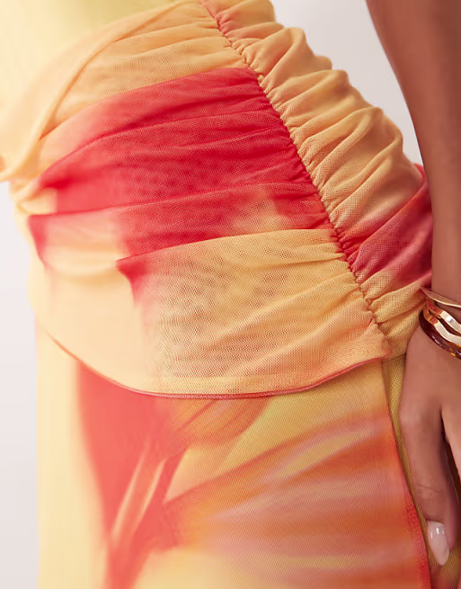 printed mesh halter maxi dress with draped sash detail in yellow floral