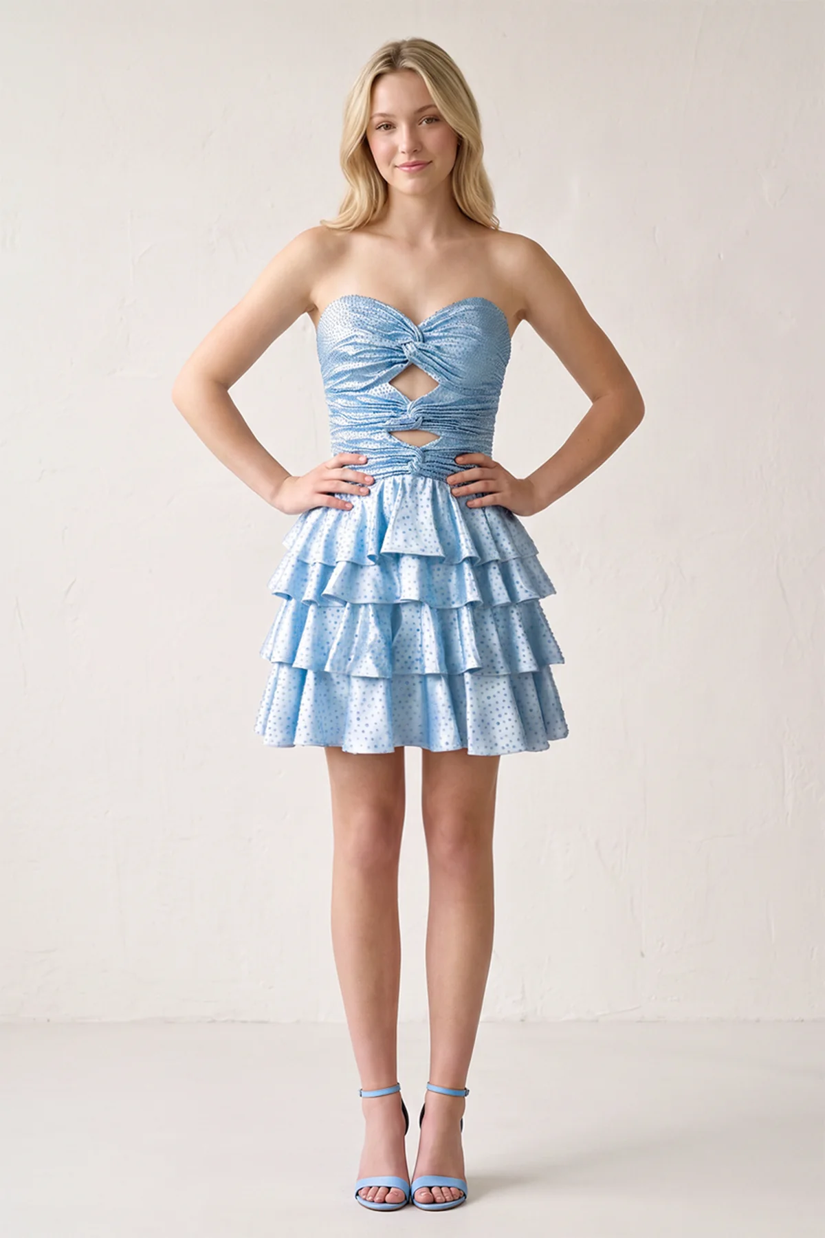Sky Blue Sweetheart Cut-out A-Line Ruffled Satin Homecoming Dress With Beading