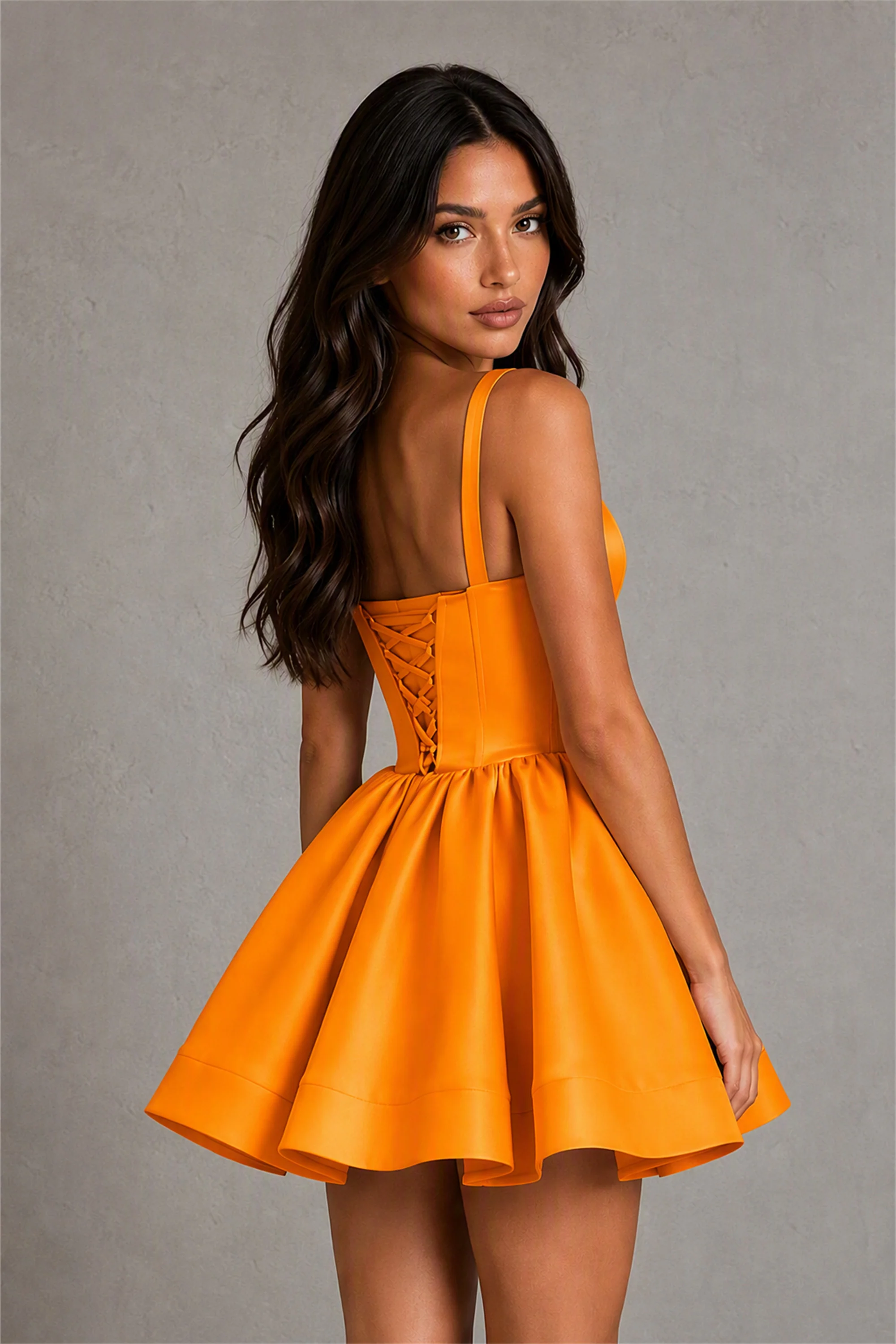BOLODOO Baby Orange Satin Square Neck Bow Strap Lace-Up Back Bubble Mini Dress | Cocktail Party Date Night Dress
