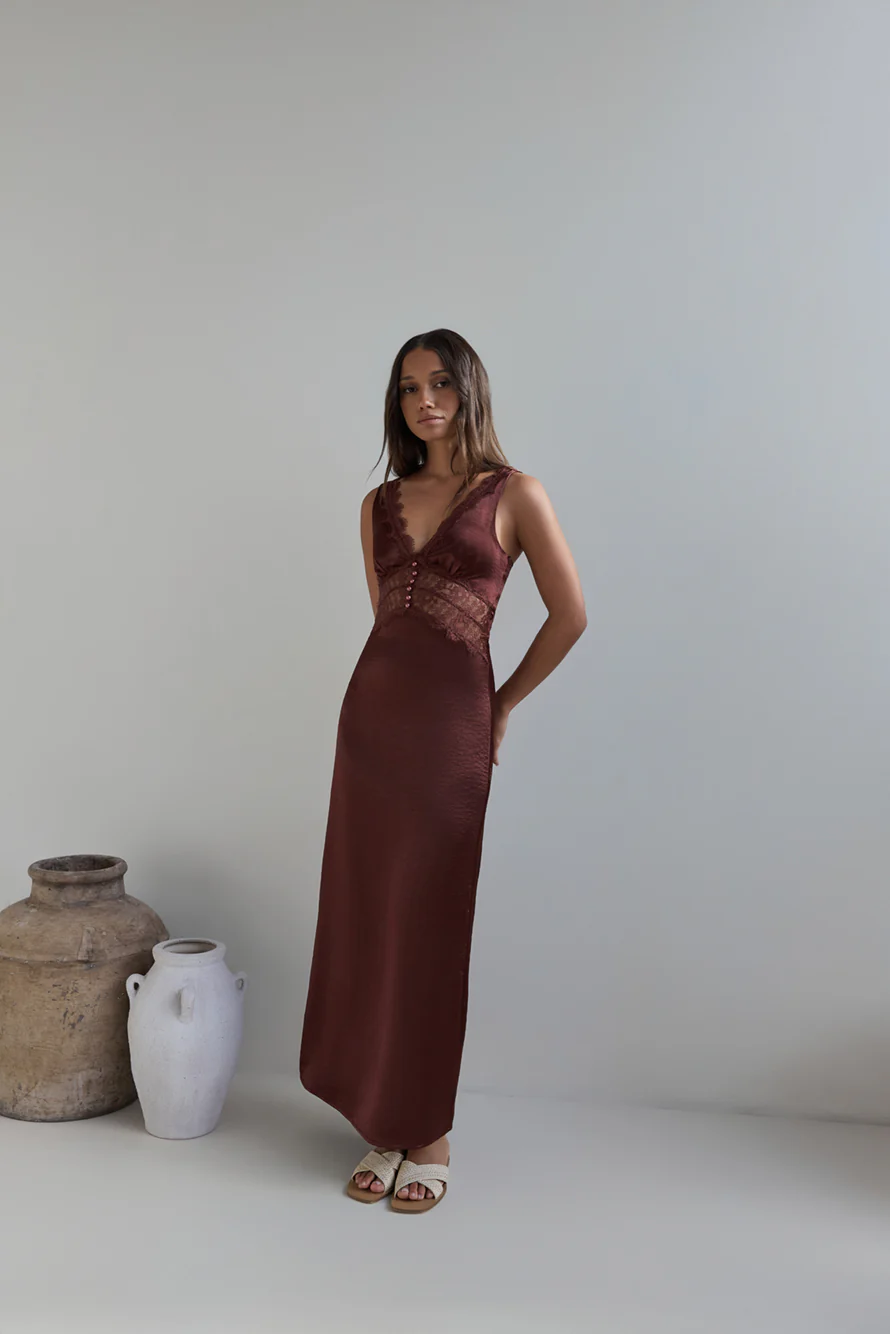 Romantic One Satin Maxi Dress Brown - luluinthesky