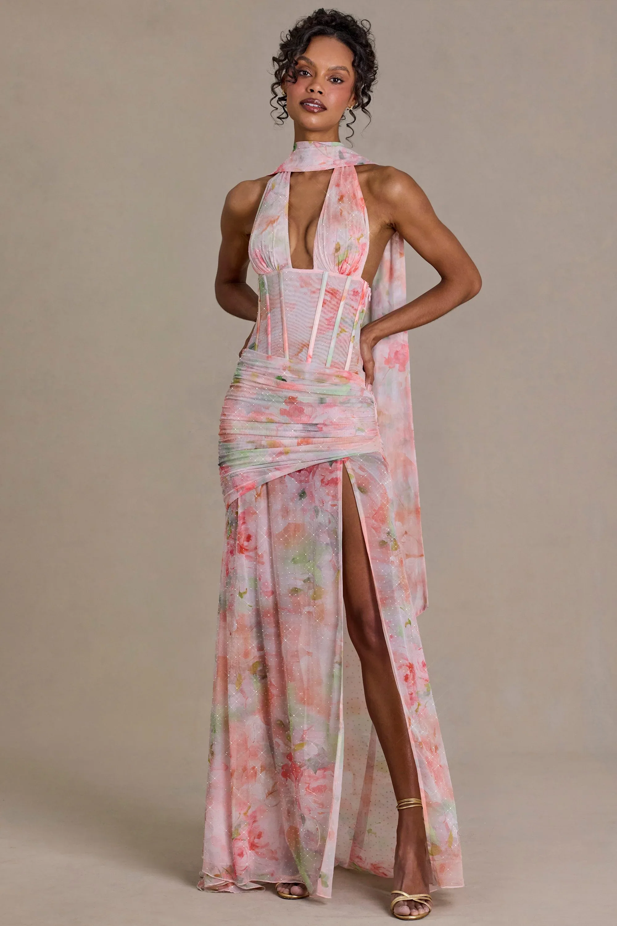 Embellished Scarf-Detail Maxi Dress in Pink Floral Print