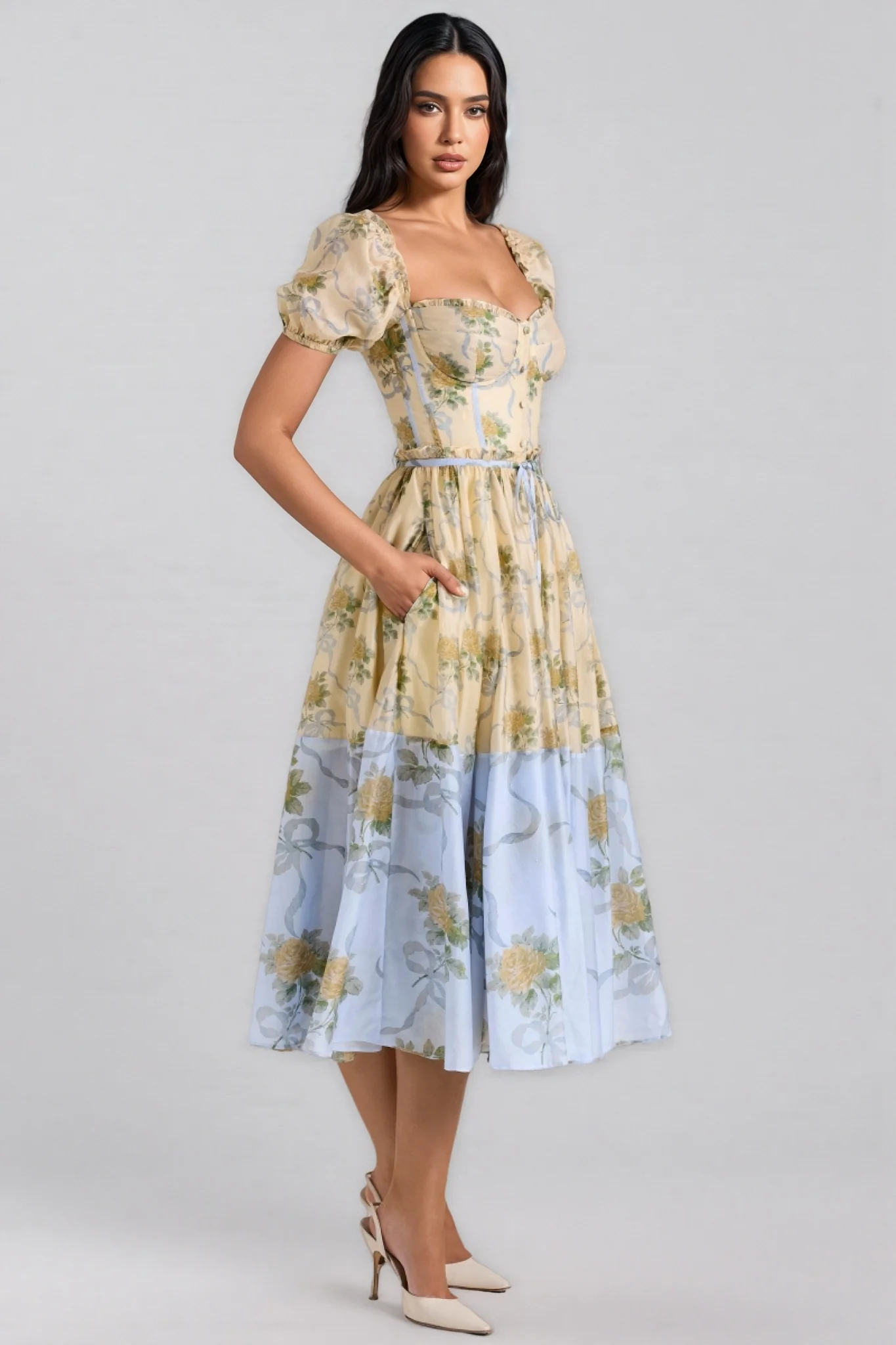 Elowen Yellow Vintage Rose Chiffon Midi Dress
