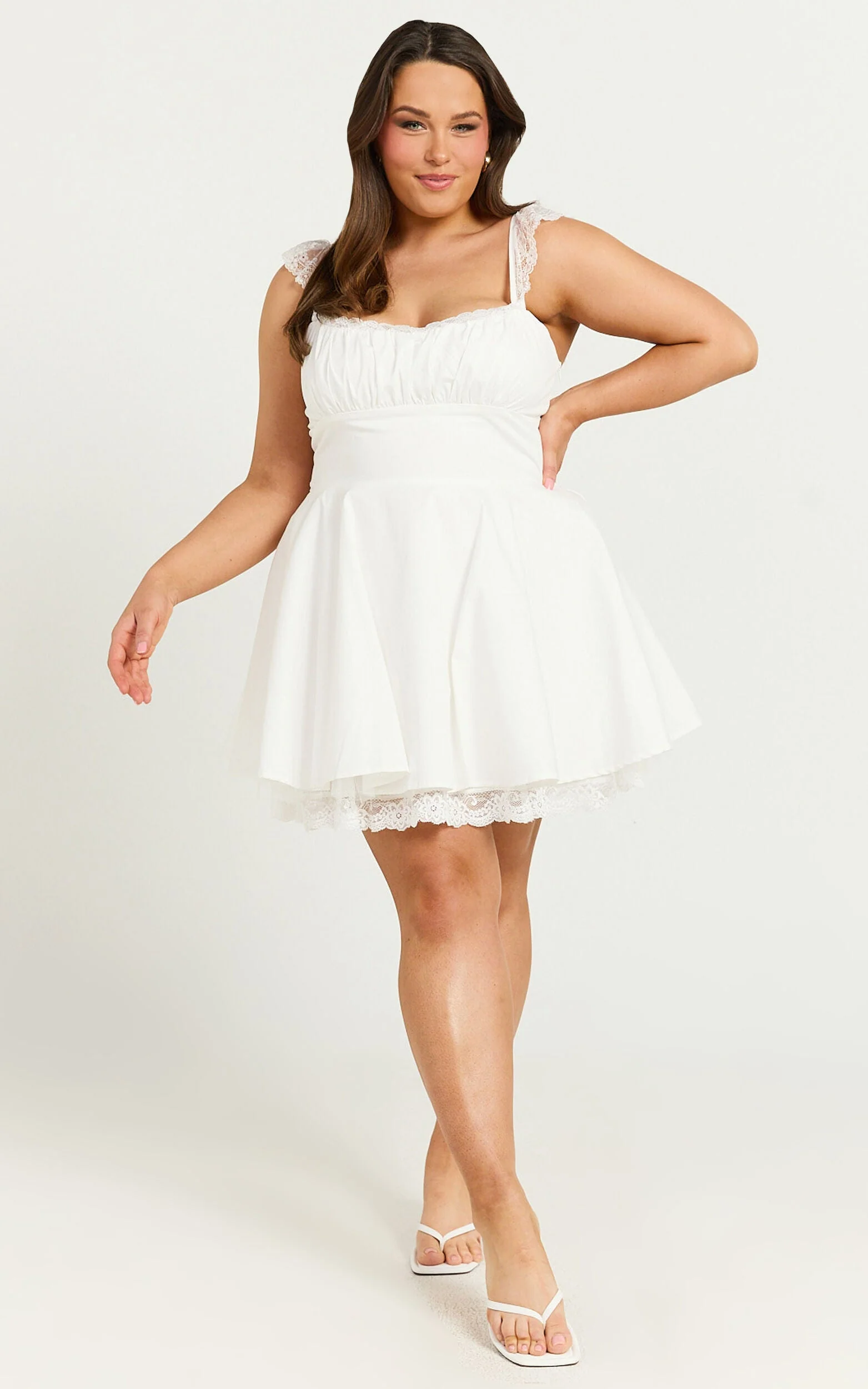 Adalee Mini Dress - Sleeveless Ruched Bodice Lace Trim Dress in Off White - luluinthesky