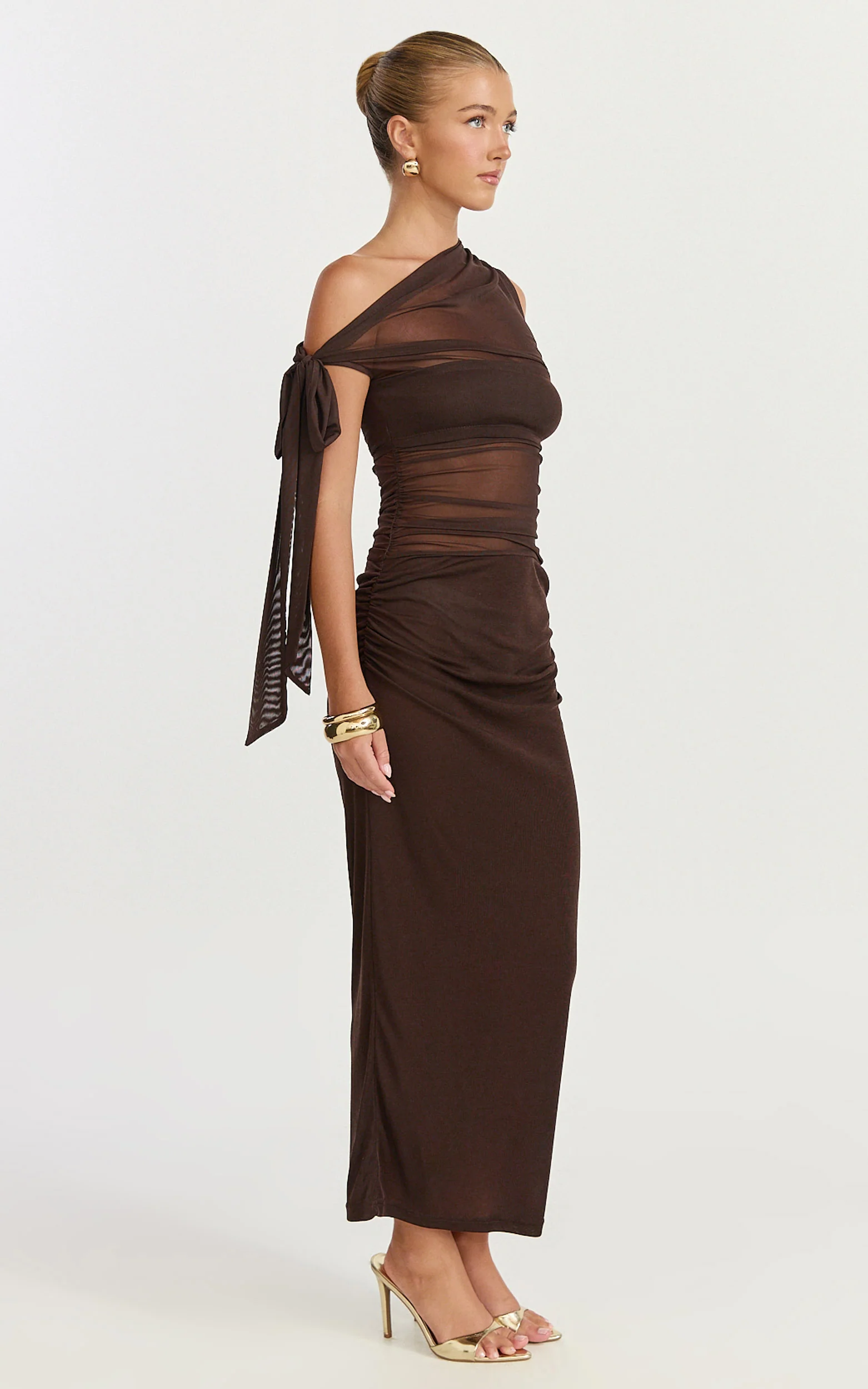 Astrid Midi Dress - Asymmetrical Off Shoulder Tie Detail Dress in Chocolate