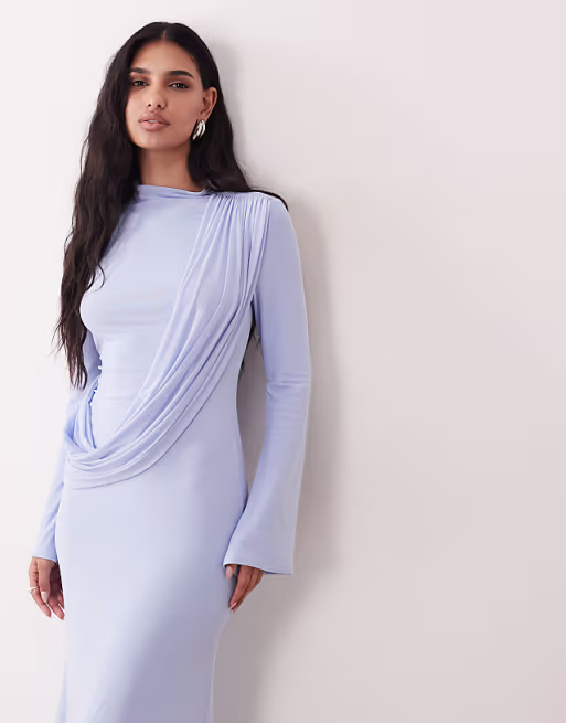 mesh draped high neck long sleeve maxi dress in blue