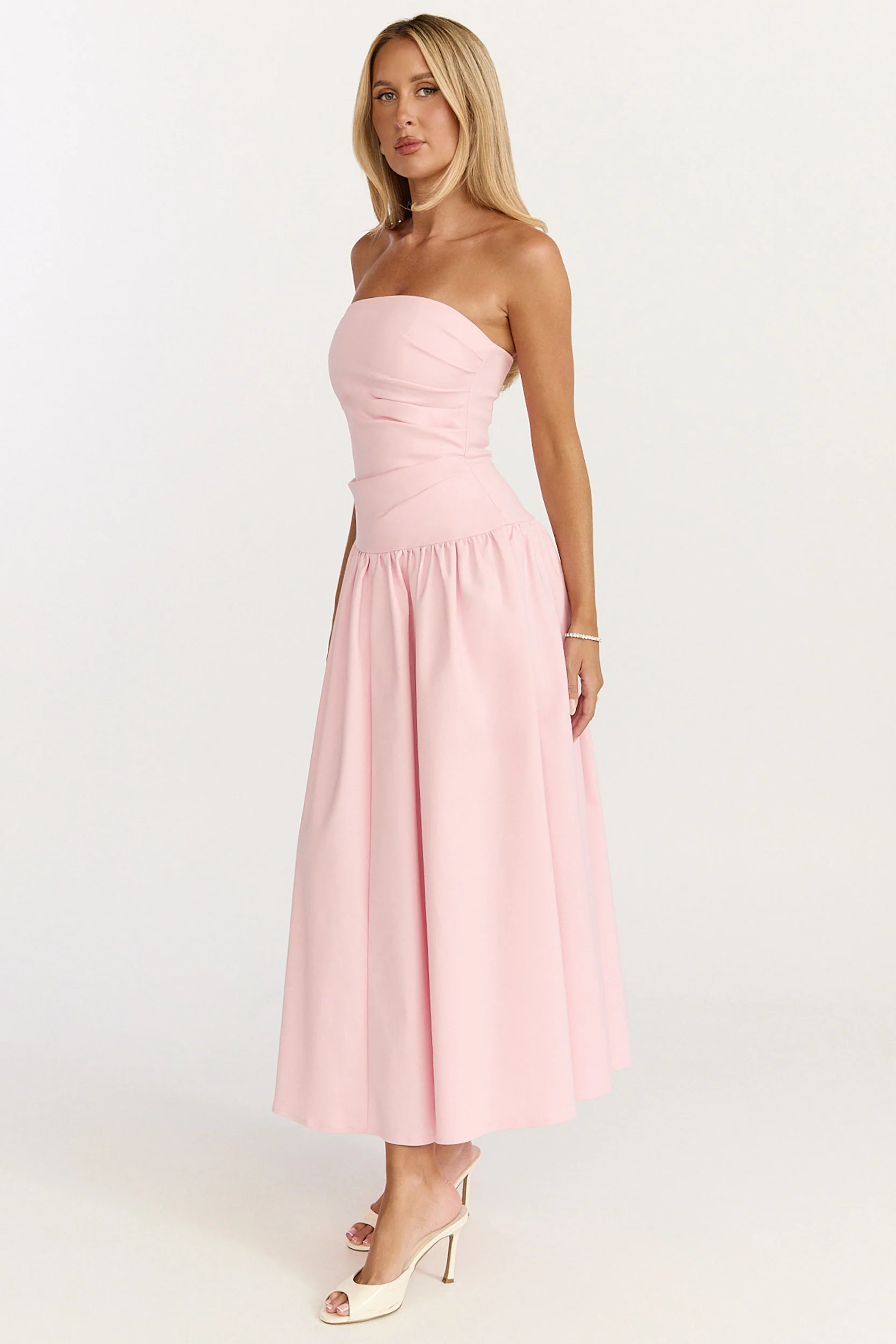 Louisa Maxi Dress - Strapless Side Ruched Dropped Waist Fit And Flare Dress in Pink