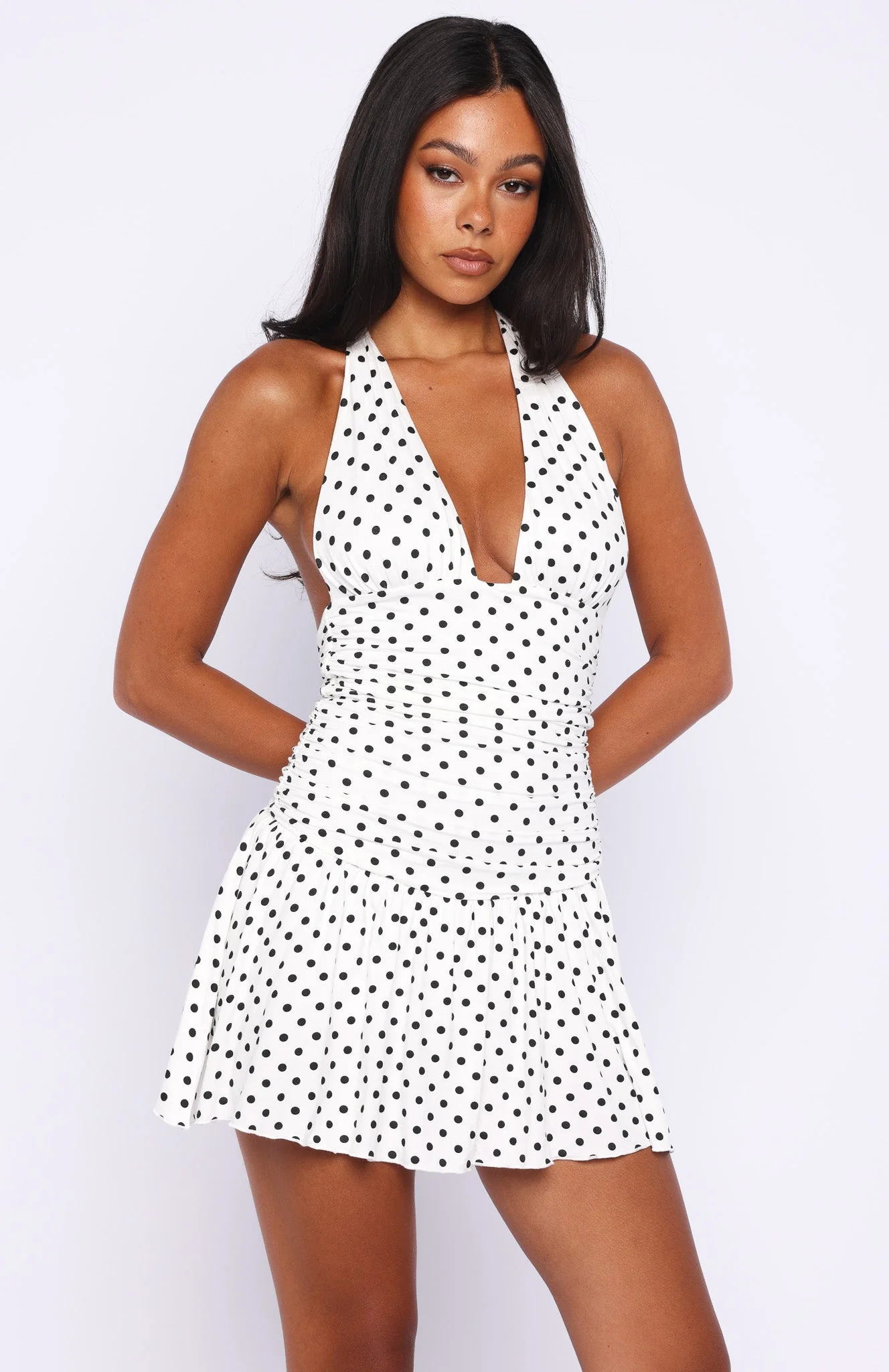 Whispered Dreams Halter Mini Dress White/Black Polka Dot