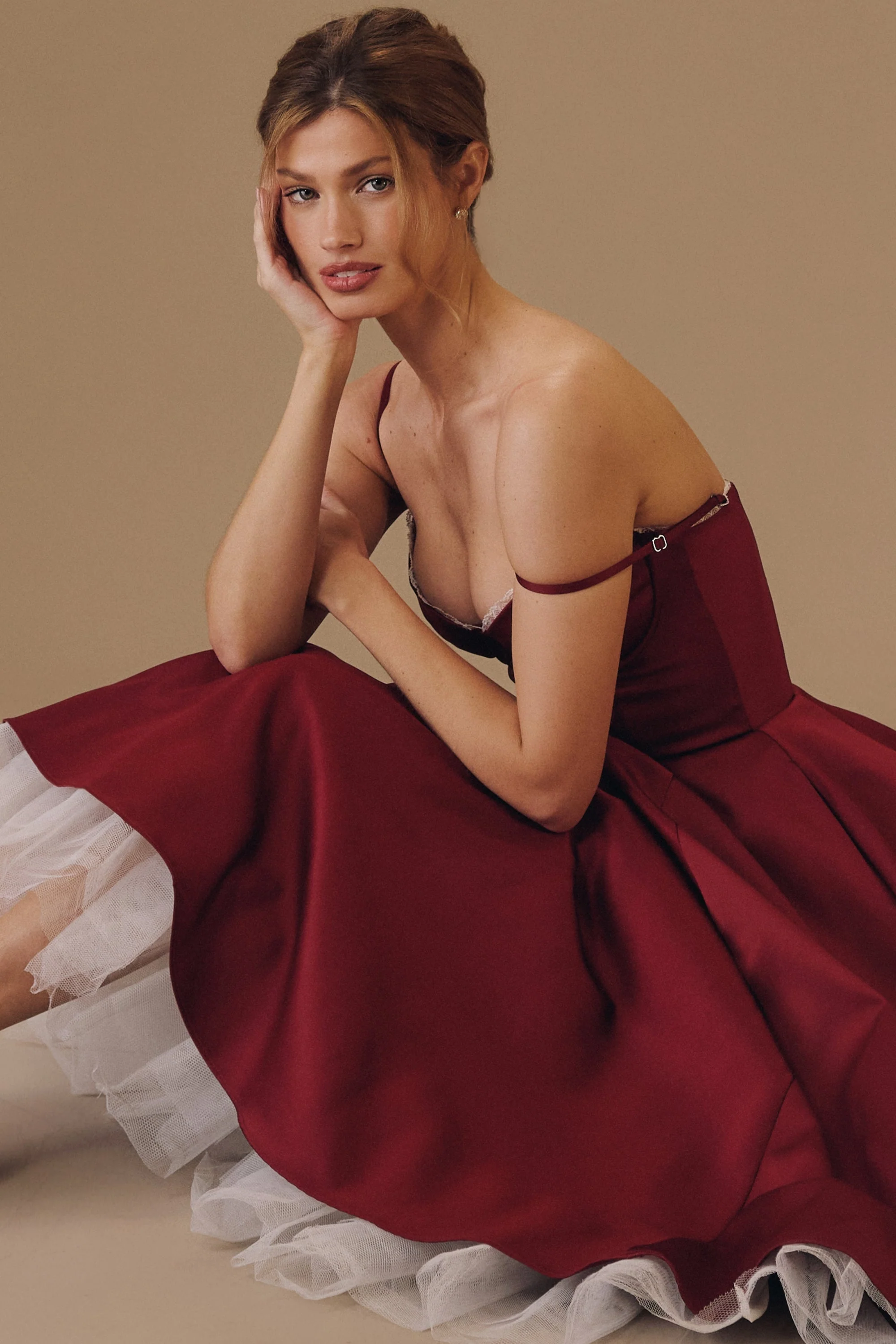 wine satin tulle midi dress