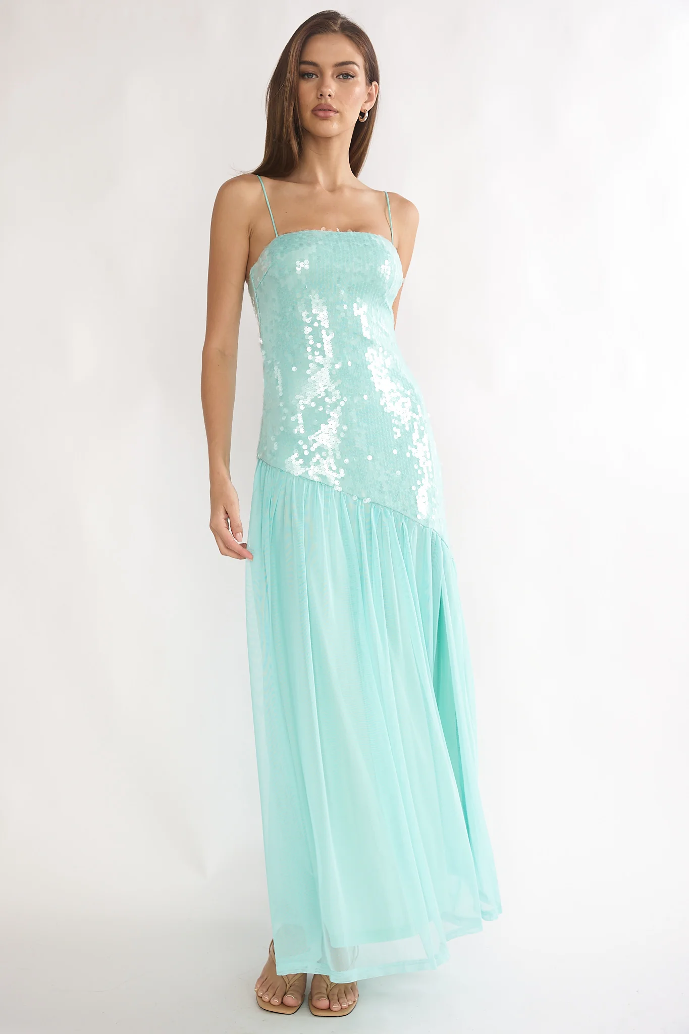 Azure Sun Drop Waist Split Maxi Dress Sequin Aqua - luluinthesky
