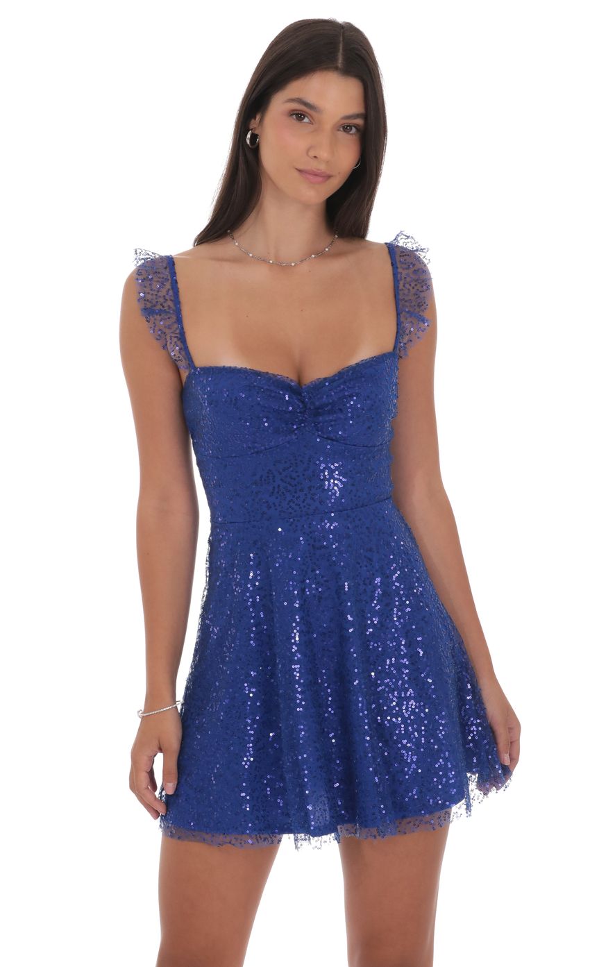 Sequin Ruffle Strap A-Line Dress in Blue