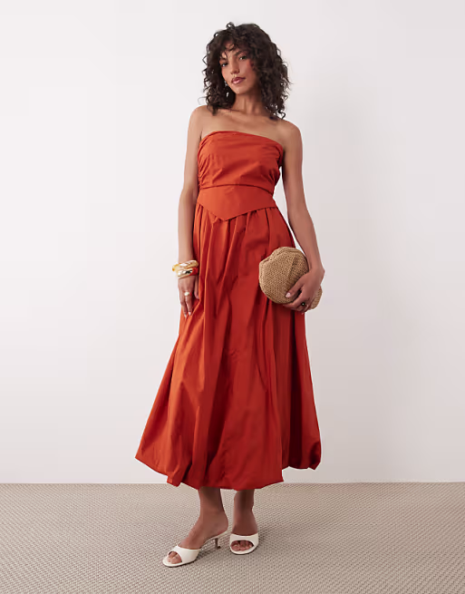 bandeau ruched midi dress in rust
