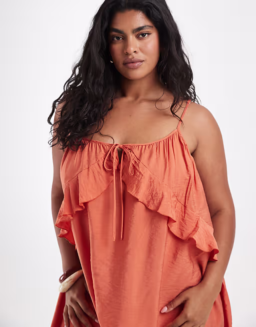 Vero Moda Curve ruffle trim cami mini dress in rust