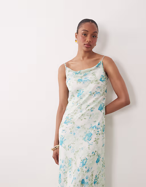 Vero Moda Tall Smilla chiffon cowl neck cami midi dress in blue floral print
