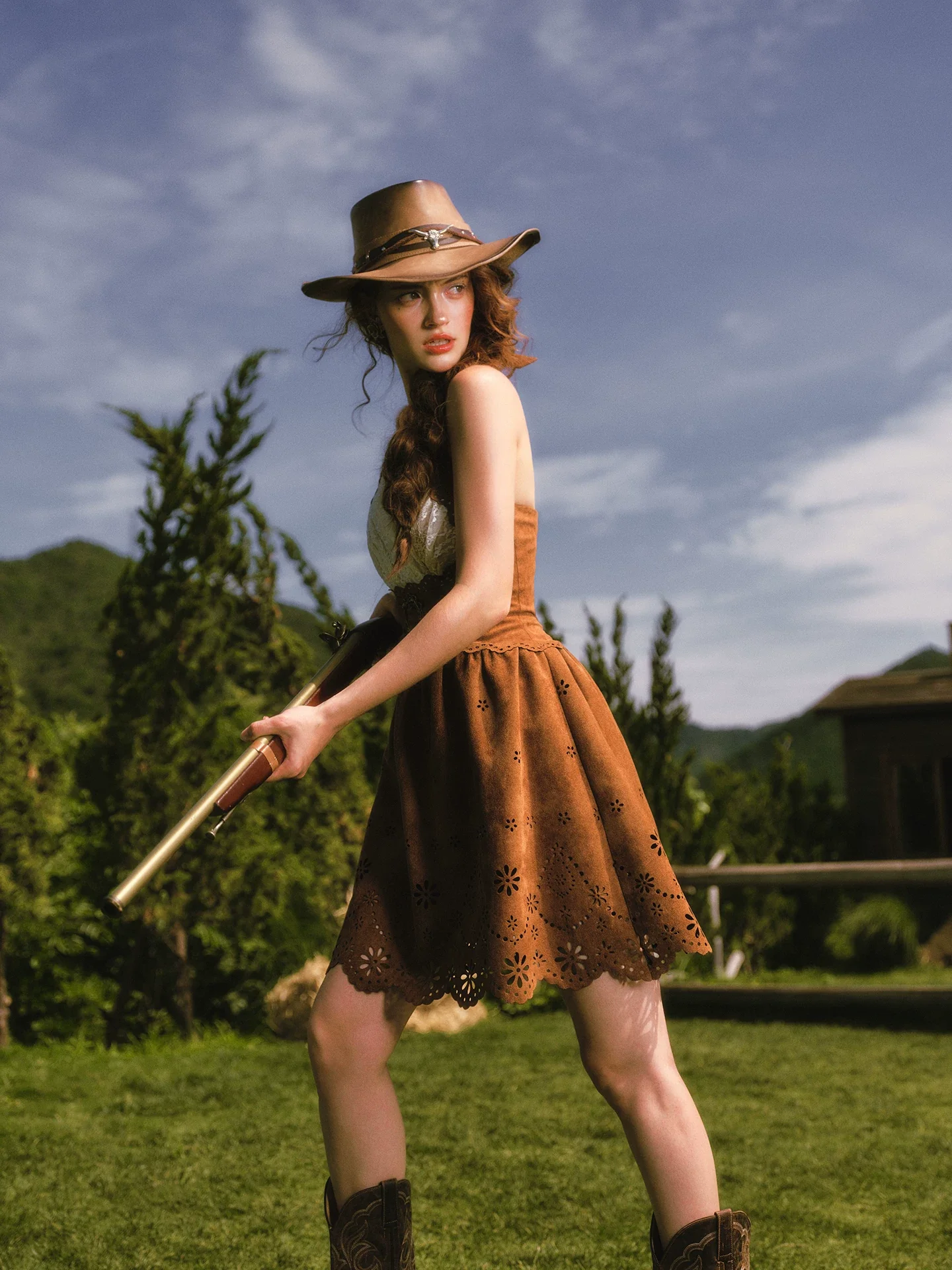 Laser-Cut Suede Lace Dress