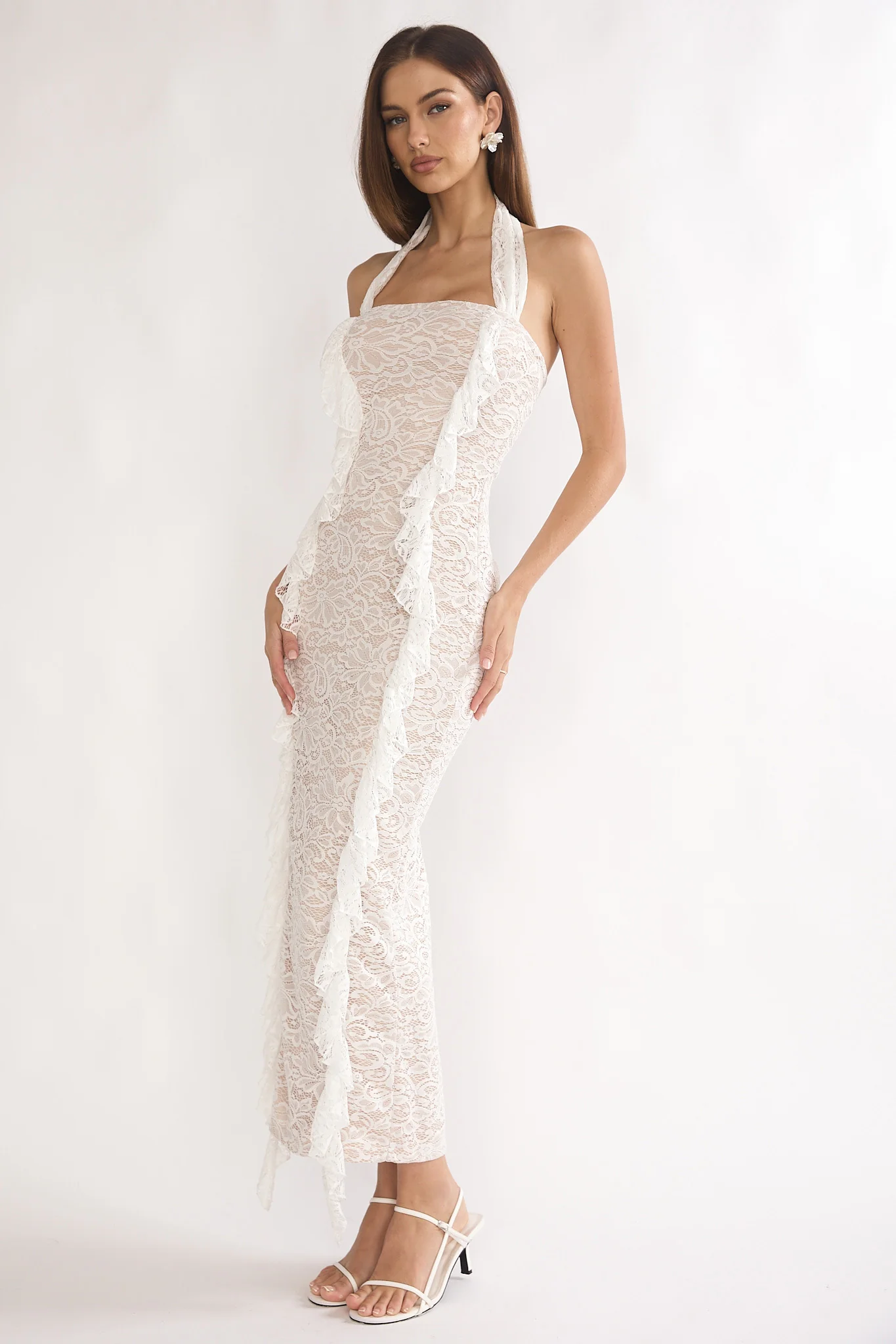 Chiavari Ruffle Trim Lace Maxi Dress White