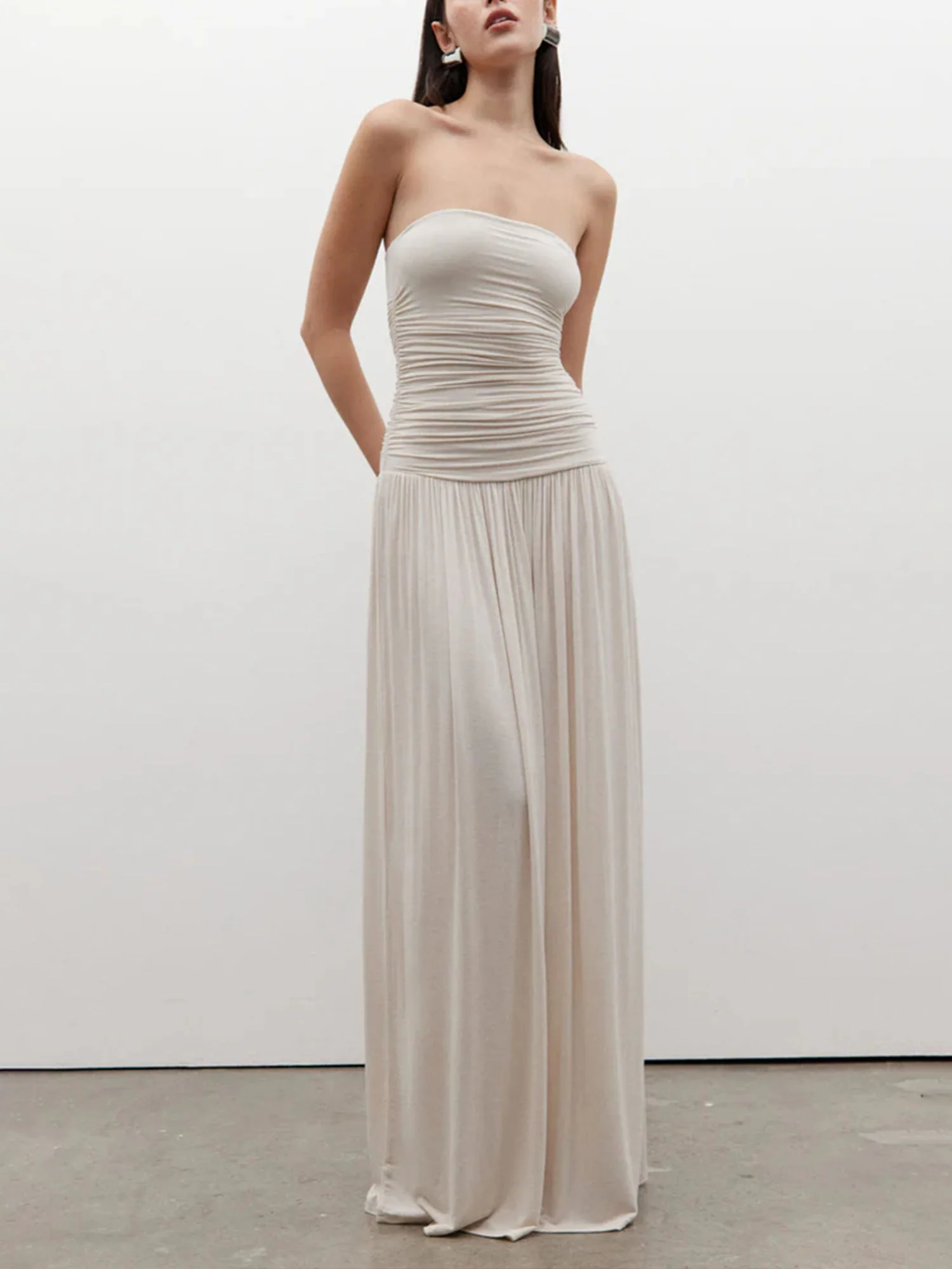 White Strapless Ruched Maxi Dress