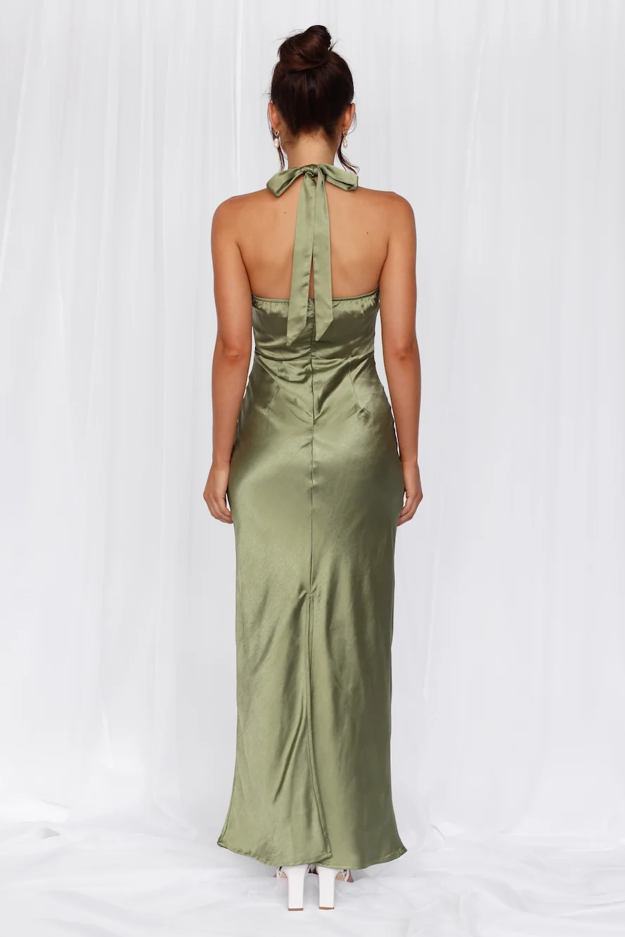 The Cleo Halter Satin Maxi Dress Olive