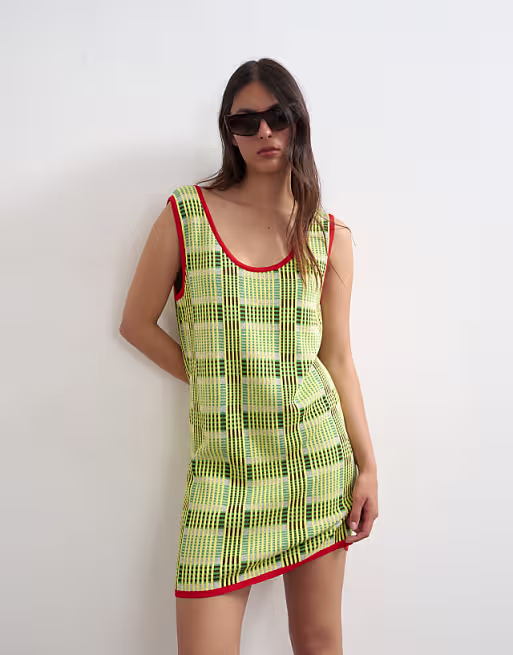 Topshop knit sleeveless plaid mini dress in green