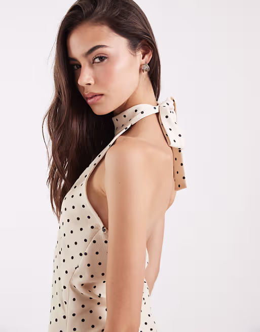 Vero Moda Tall halter neck polka dot mini dress in cream and black