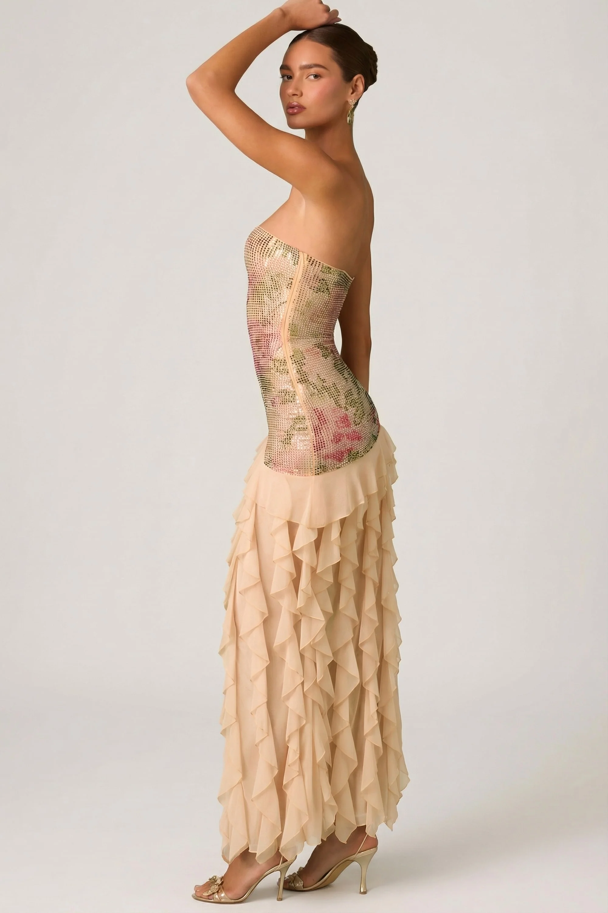 Embellished Ruffle-Trim Strapless Gown in Rose Hotfix