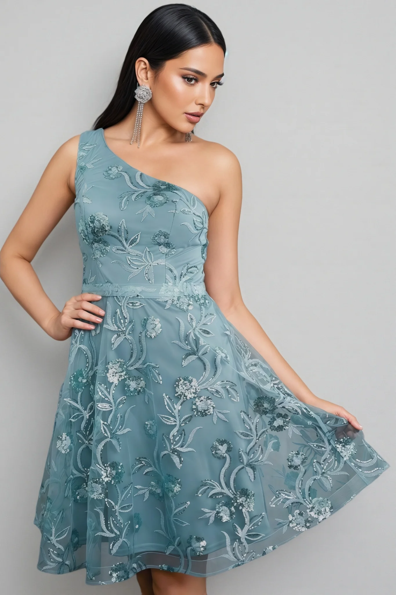 Flinl Green One-Shoulder Mesh Mini Dress