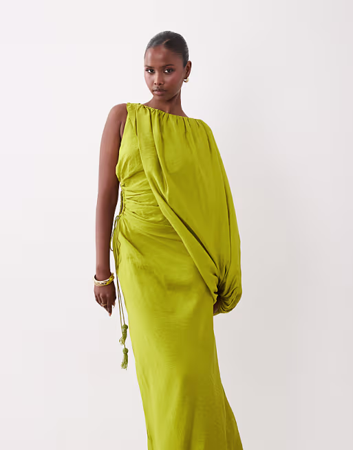 one-shoulder blouson maxi dress with cut-out waist in lime green