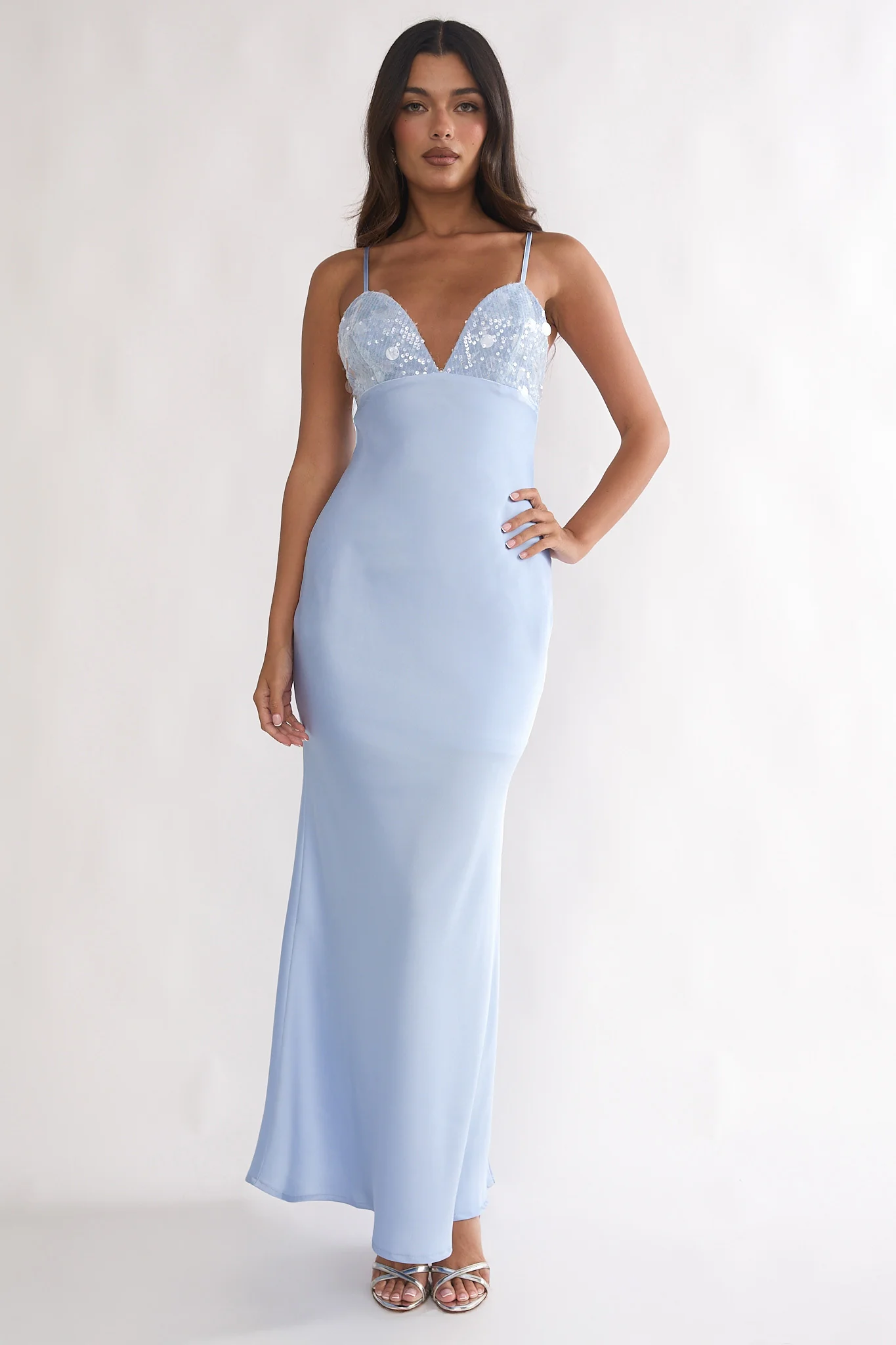 Brynn Sequin Bust Open Back Maxi Dress Blue - luluinthesky